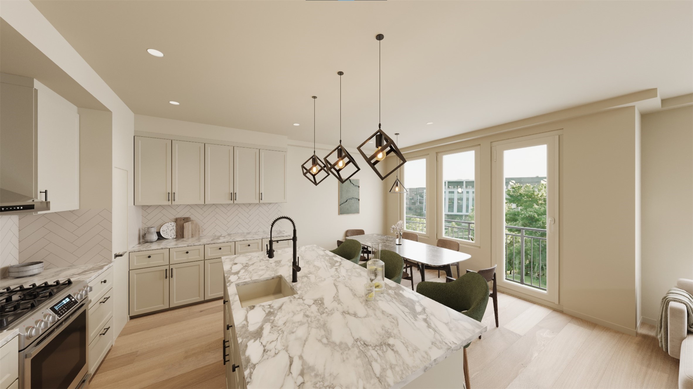 (Example of finishes) Experience modern elegance with this stunning second-floor kitchen and dining area, featuring quartz countertops, gas range, Stainless Steel appliances, chic pendant lighting, and expansive windows for natural light and views. (Example of finishes) Experience modern elegance with this stunning second-floor kitchen and dining area, featuring quartz countertops, gas range, Stainless Steel appliances, chic pendant lighting, and expansive windows for natural light and views.