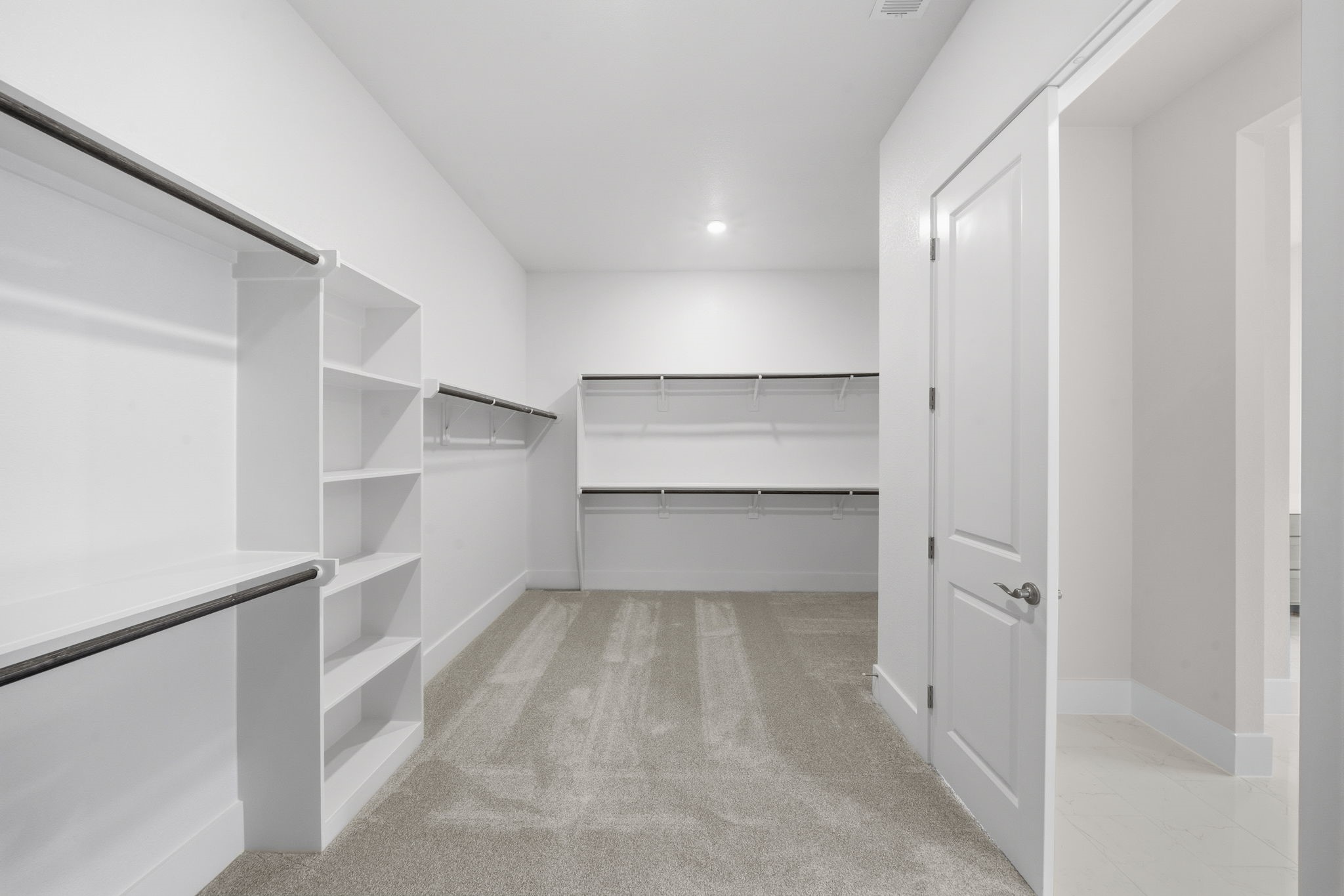 Spacious walk-in closet with ample shelving and hanging space, featuring carpeted flooring and a clean, modern design with white walls and a door leading to an adjacent room.