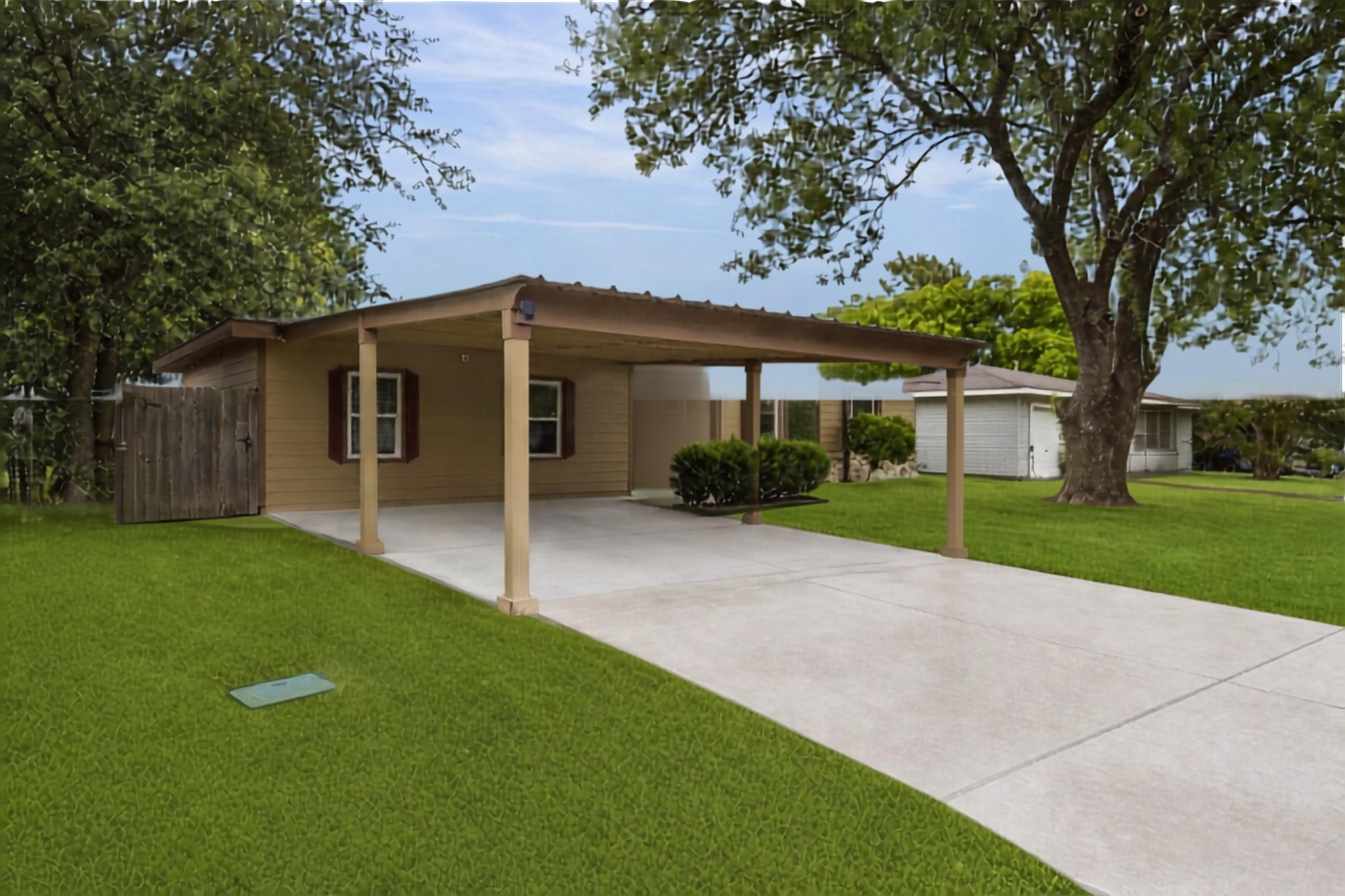 The large carport and long driveway easily accommodates 4 vehicles