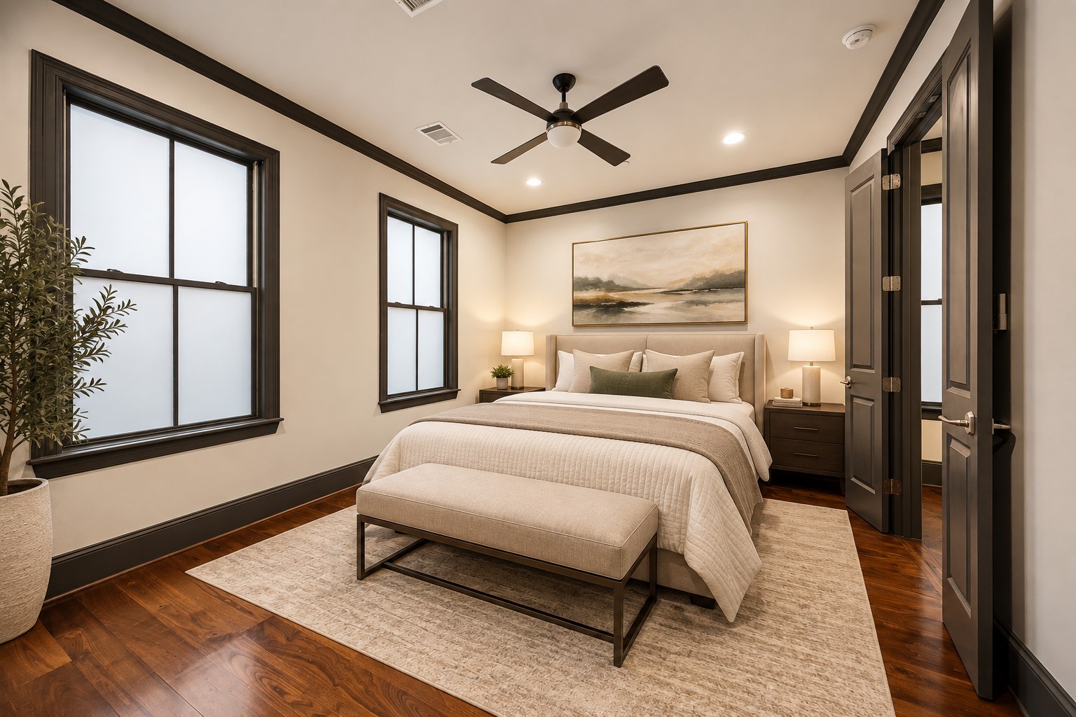 Virtually staged to showcase the secondary bedrooms inviting proportions, beautiful hardwood floors, and elegant design, offering a comfortable private retreat with an en-suite bathroom and walk-in closet.