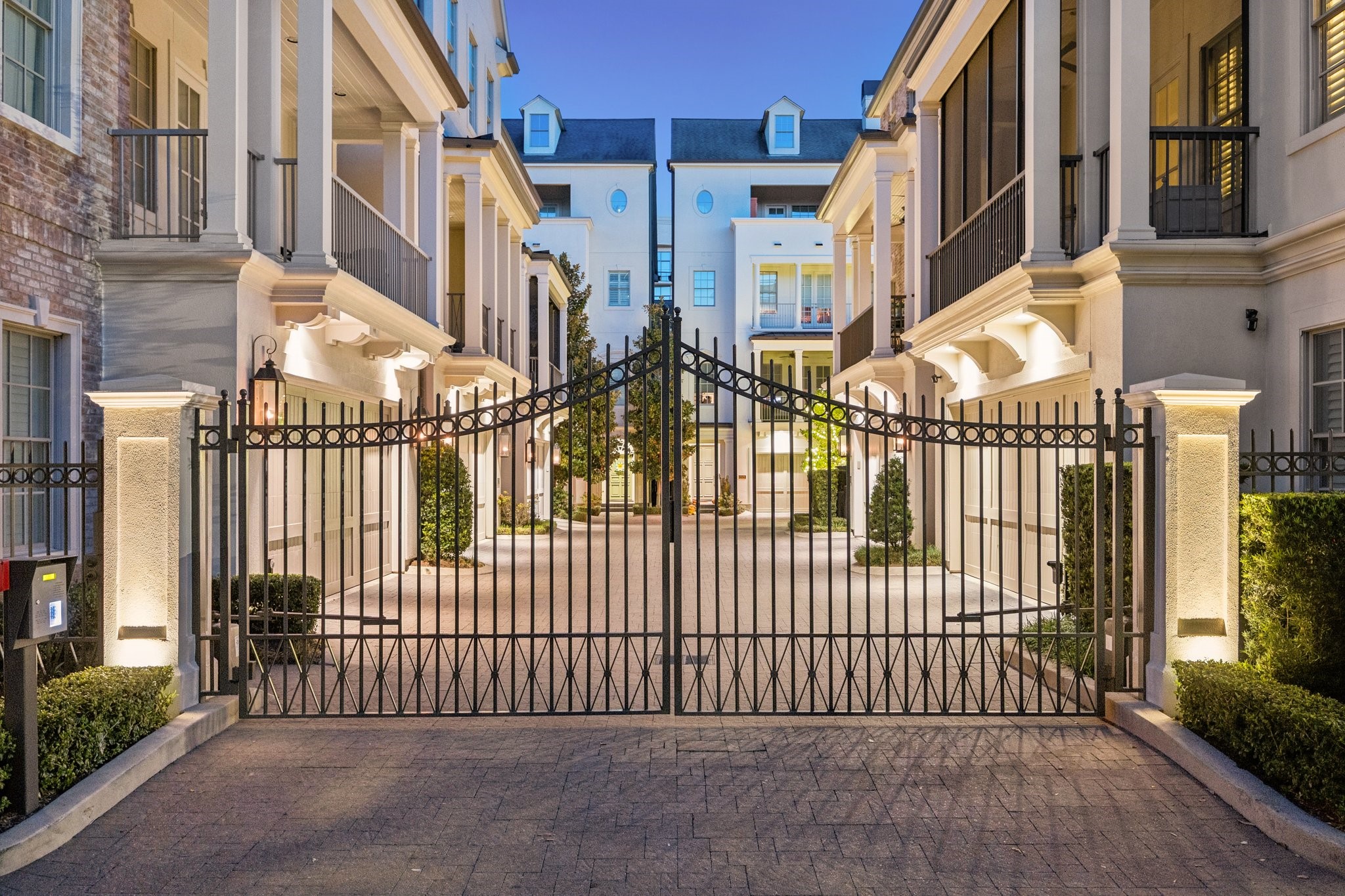 Elegant gated entrance to Bancroft Place, an exclusive enclave of just 18 luxury residences, offering privacy, security, and a beautifully maintained setting.