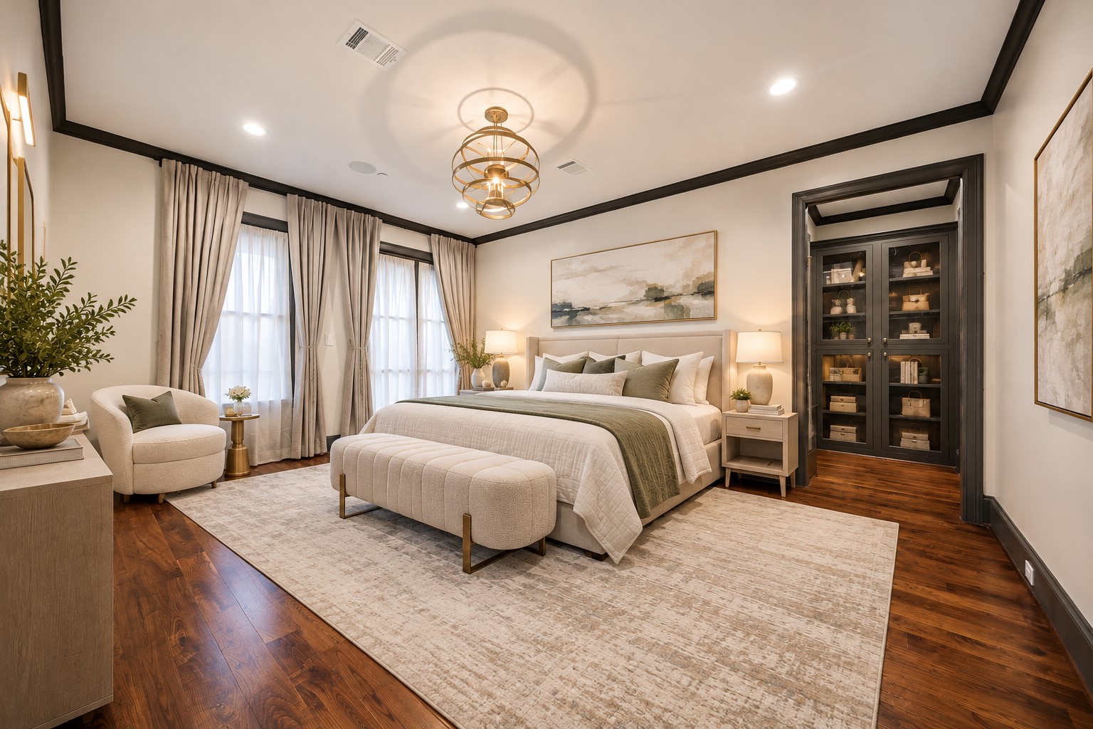 Virtually staged primary bedroom featuring an elegant en-suite bathroom, separate his-and-hers closets with custom California Closets built-ins, and access to a private balcony.