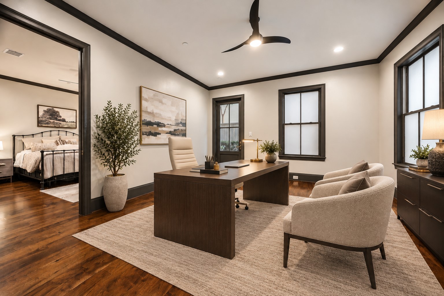 Virtually staged as an elegant home office, this spacious, versatile first-floor room adjoins the guest bedroom and offers direct backyard access, creating an ideal private suite with a dedicated study, lounge, or fitness space.