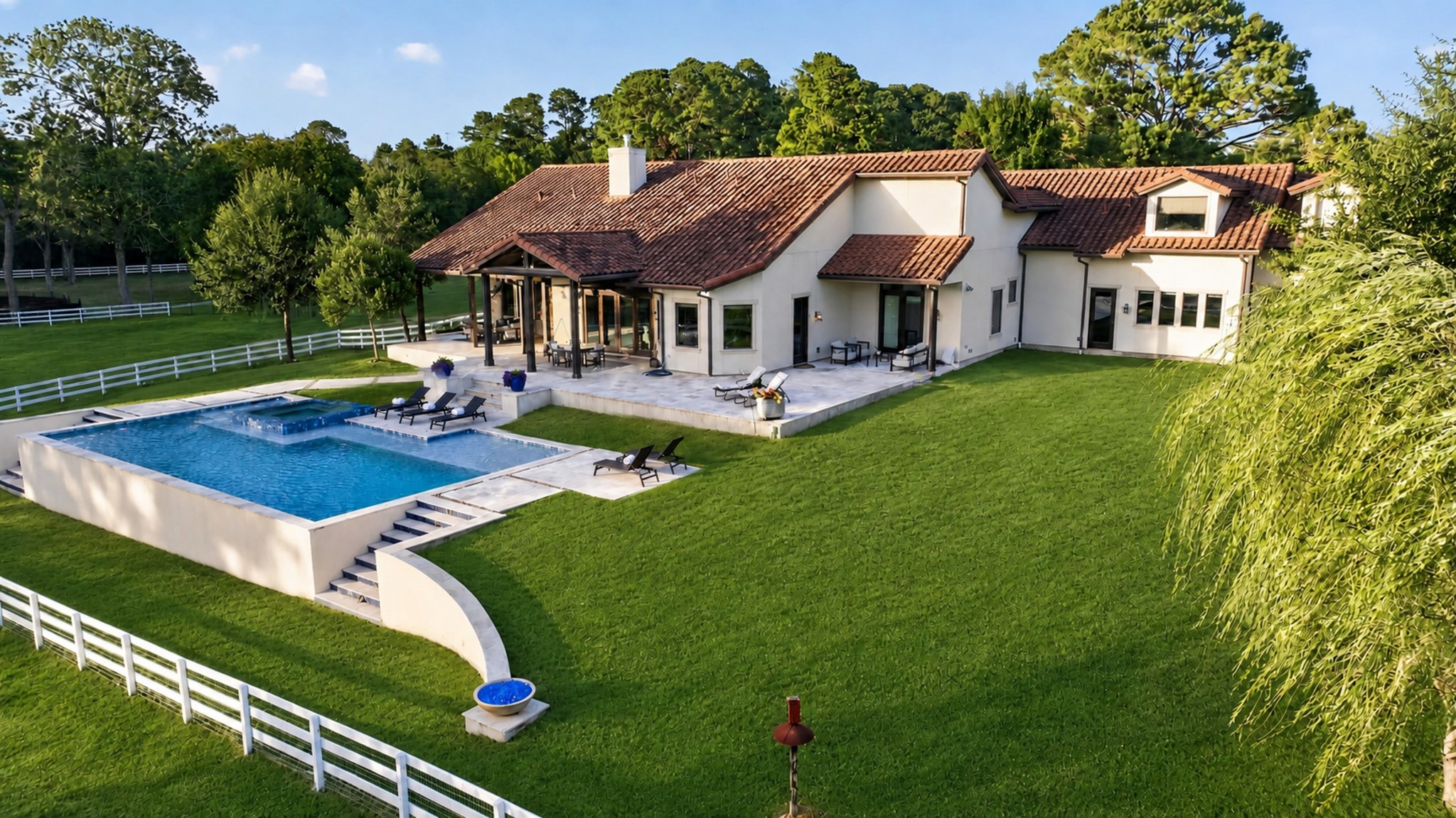 From above, pool, spa and broad lawn flow together like a private resort.