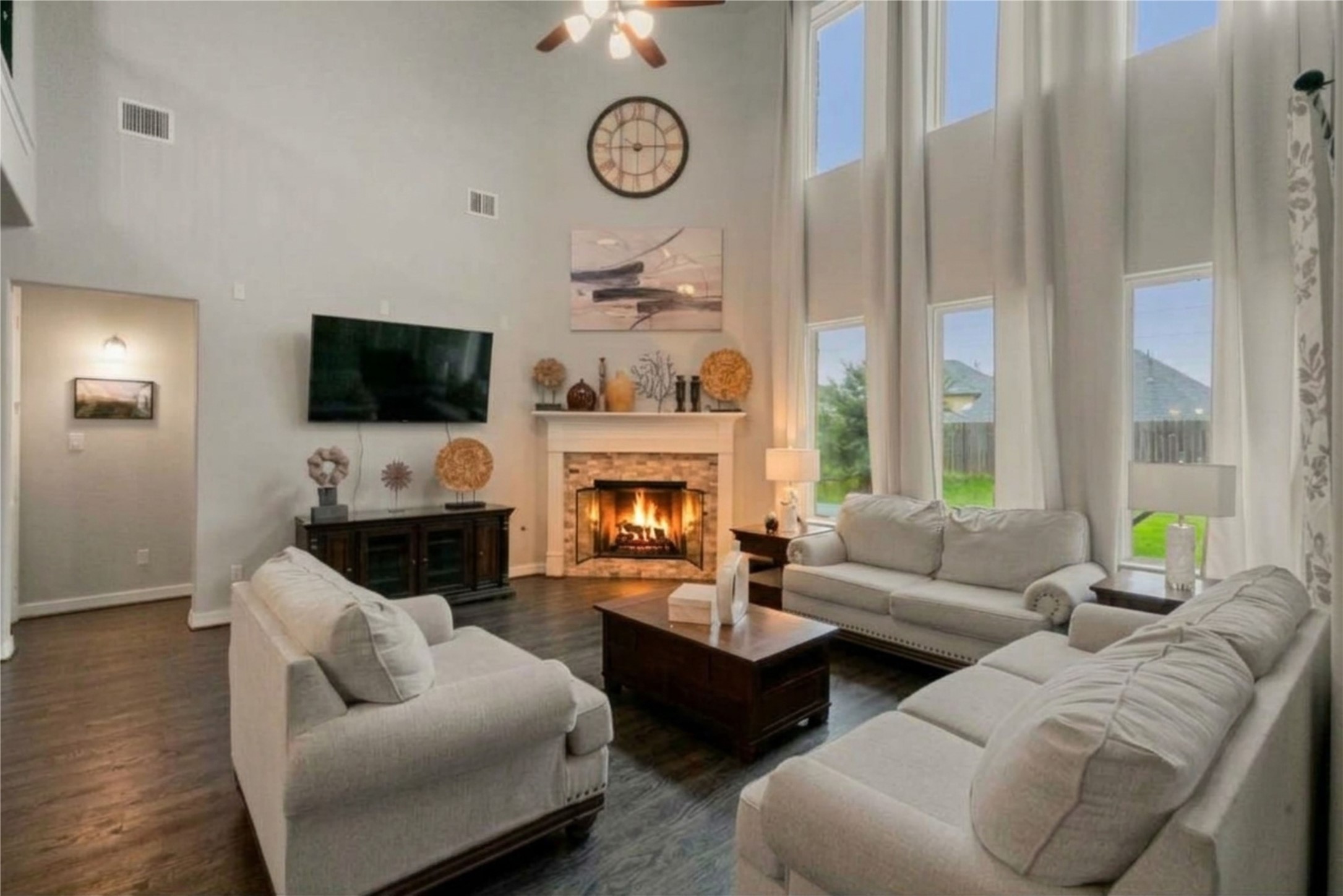 Lovely Fireplace, tall Windows, Natural Light, Soaring Ceiling