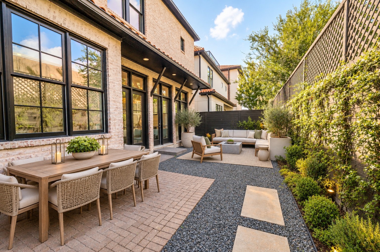 THIS IMAGE HAS BEEN VIRTUALLY ALTERED BY AI. Built-in L-shaped wooden bench seating, rasied planters, and a contemporary fire feature create an intimate and dedicated seating area.