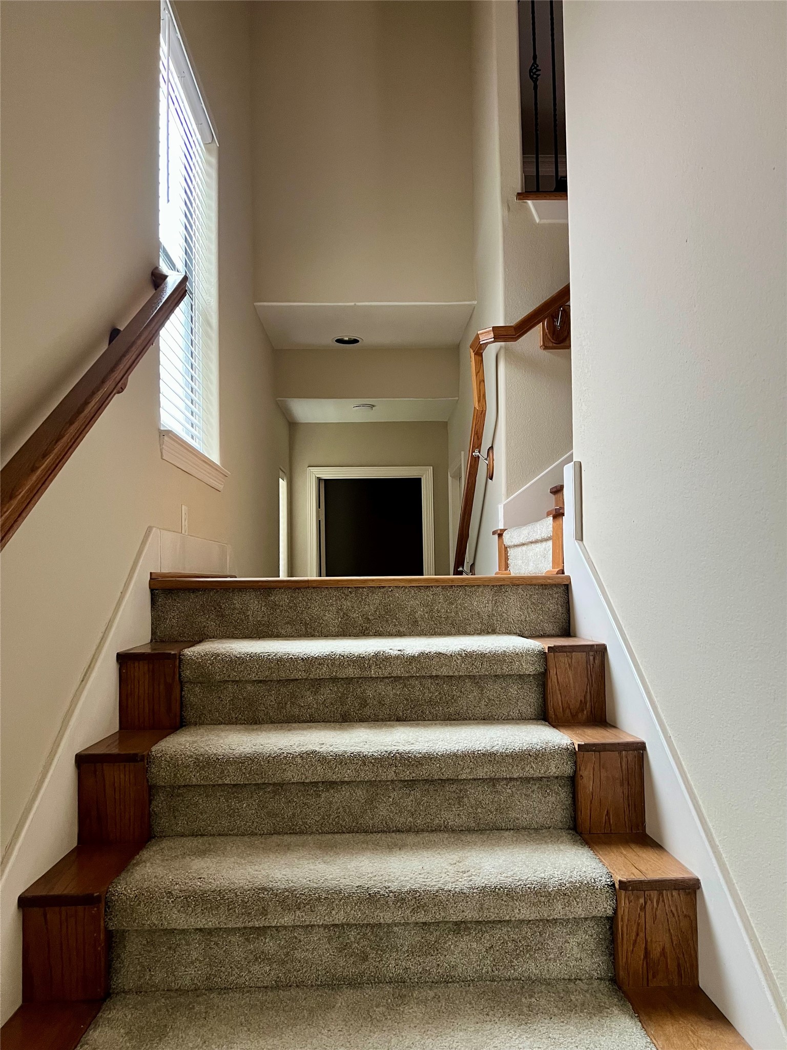 A carpeted staircase with wooden accents leads to an upper floor. The walls are painted in a neutral tone, and there is a window on the left side allowing natural light. The design is simple and clean, offering a welcoming transition between floors. A carpeted staircase with wooden accents leads to an upper floor. The walls are painted in a neutral tone, and there is a window on the left side allowing natural light. The design is simple and clean, offering a welcoming transition between floors.