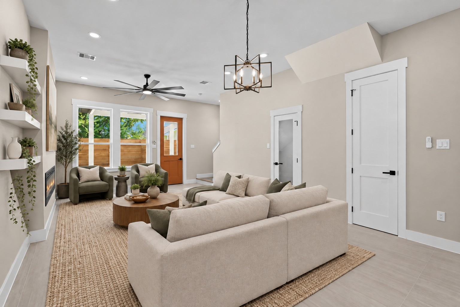 Virtually Staged: Large windows bring in abundant natural daylight, while floating wall shelves and an integrated fireplace elevate the overall aesthetic.
