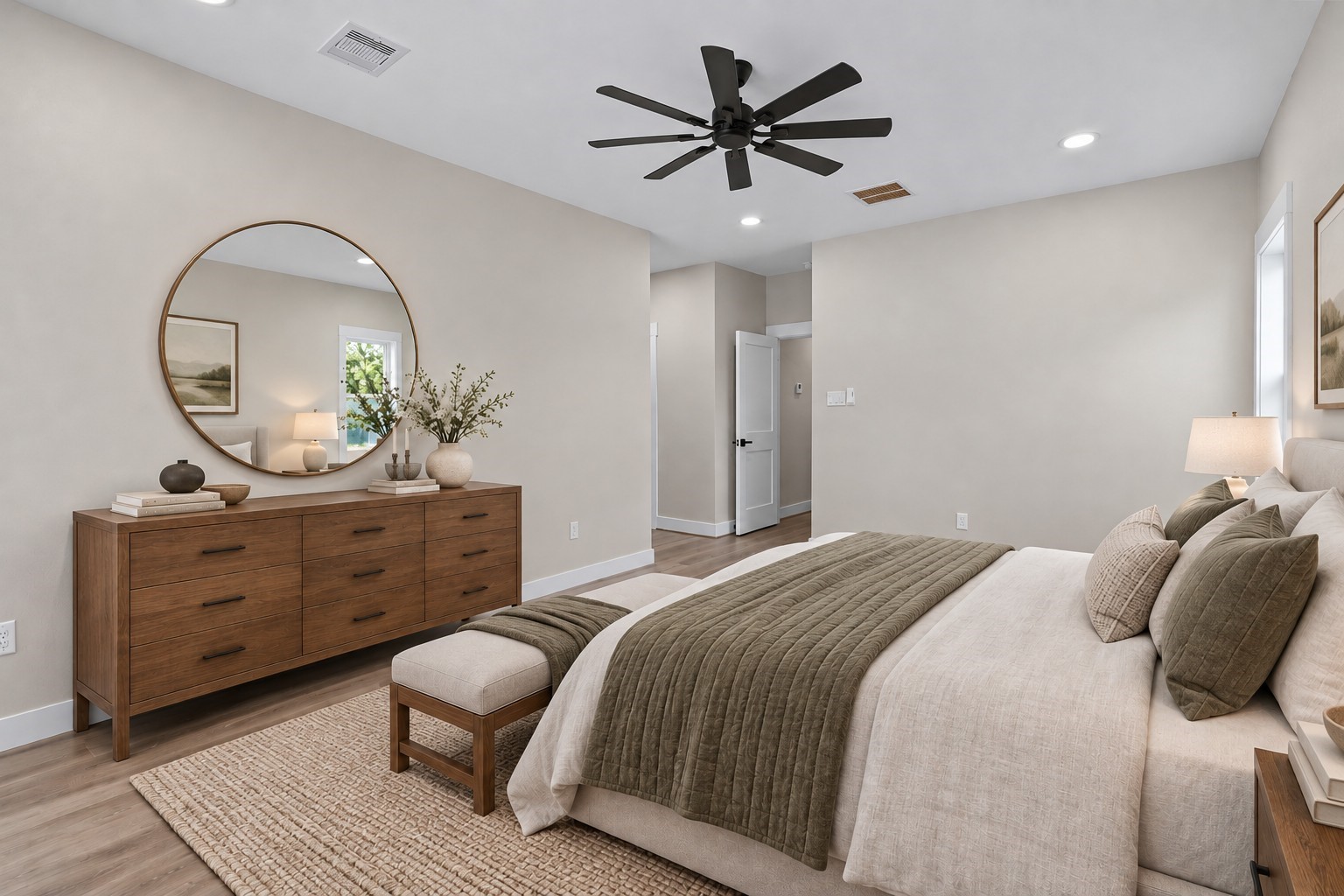Virtually Staged: This alternate perspective highlights the vast footprint of the primary suite, showing generous wall space ideal for large dressers and storage furniture.