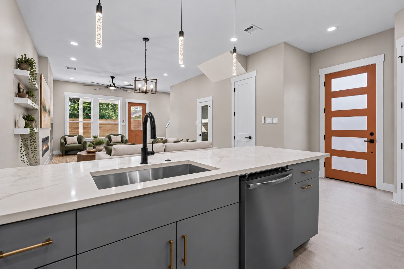 Virtually Staged: Combining functional prep space with stylish features, this central kitchen island offers seamless connectivity to the main room.