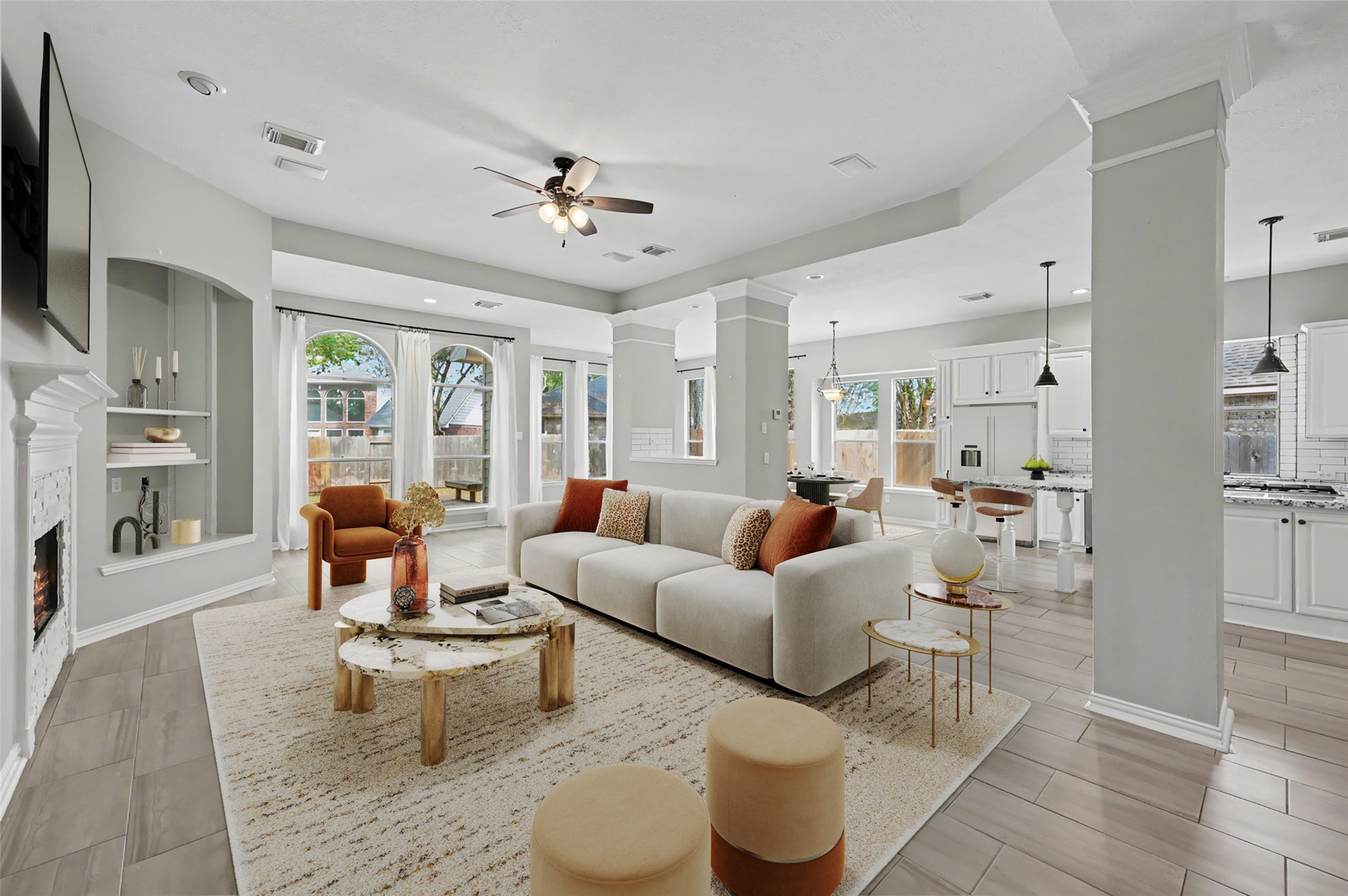 Living room is the heart of the home. Builts ins, fireplace and is open to the breakfast room, dining room and kitchen! Entertainers dream! Virtually staged furniture.