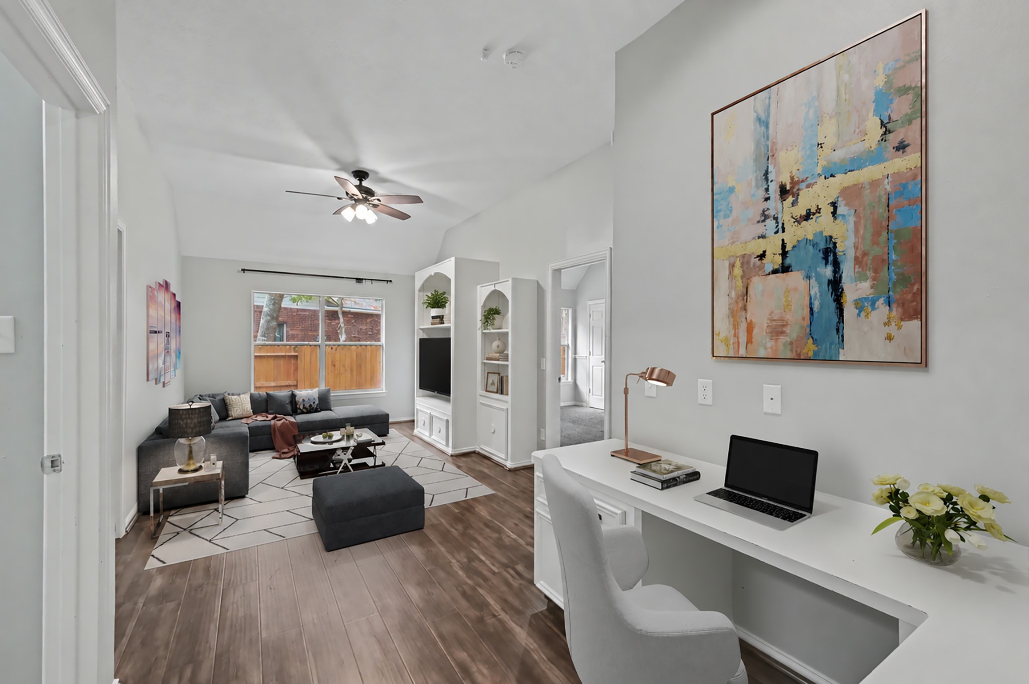 Flex space conveniently located between 2 of the 4 bedrooms in the home! There is even a built in desk for homework area or could also be a second office!