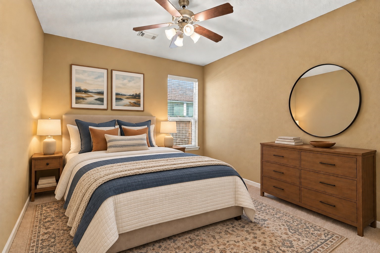 Virtually Staged: A bright and comfortable secondary bedroom featuring warm neutral walls, soft carpeting, and a clean, spacious layout. A window brings in natural light, while the ceiling fan with integrated lighting provides added comfort and illumination. White trim creates a crisp contrast against the warm tones, giving the room a welcoming and versatile feel.