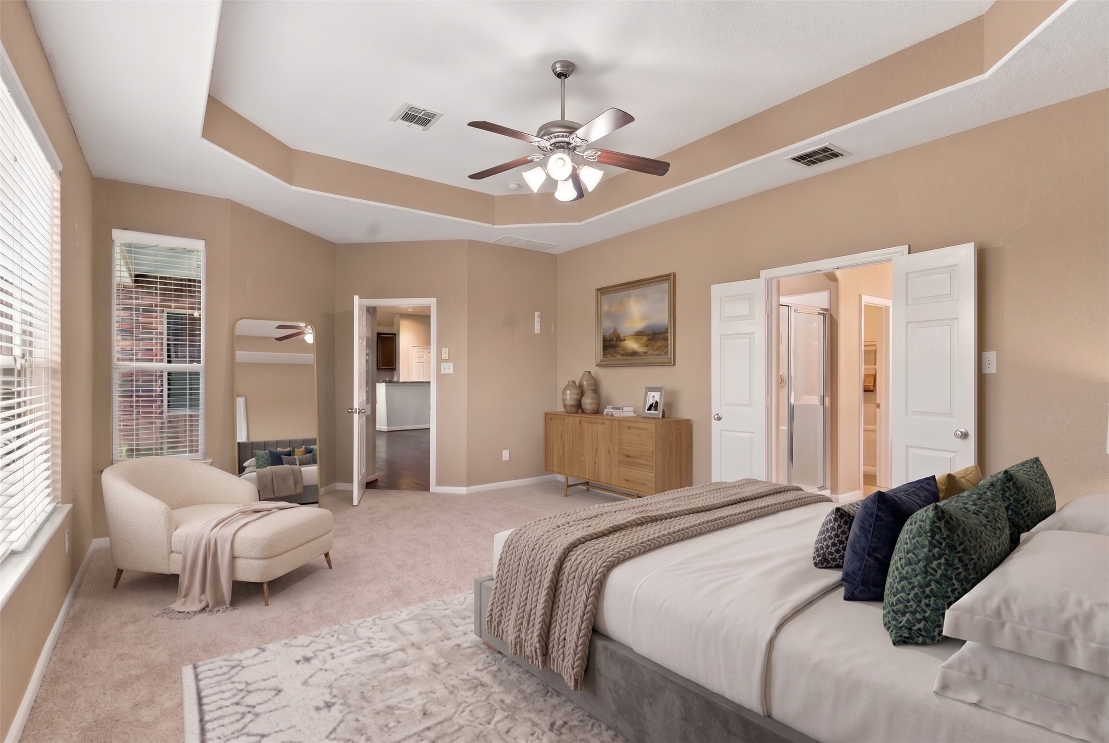 Virtually Staged: Highlighting an open and airy design, this bedroom perspective emphasizes the room's fluid connectivity and architectural ceiling detail.