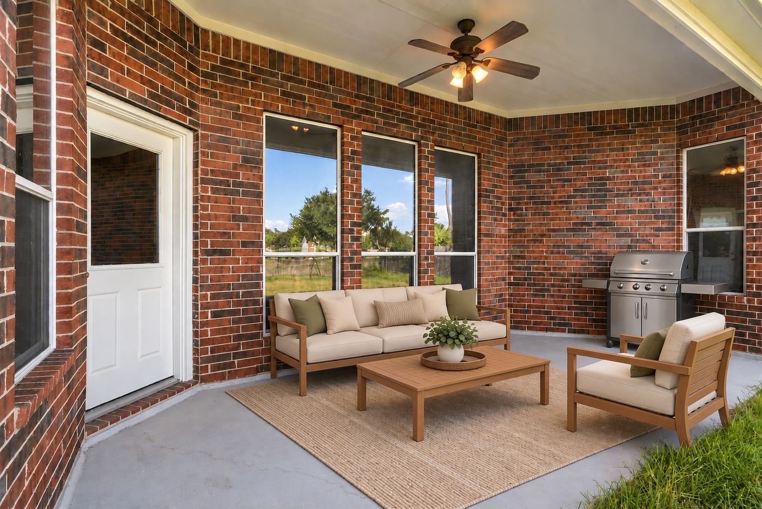 Virtually Staged: This spacious covered patio offers an ideal outdoor living retreat, wrapped in durable brick masonry and illuminated by an overhead ceiling fan.