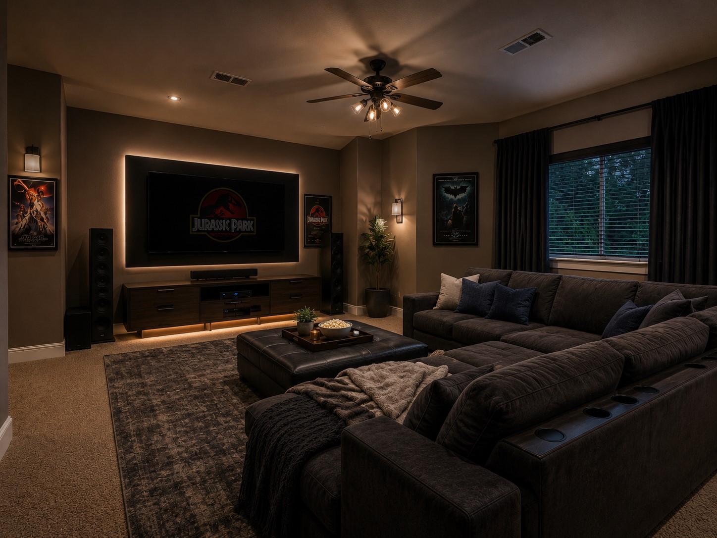 The finished media room provides a dedicated space for movie nights, sports, and immersive entertainment. This extra room adds lifestyle value for buyers who want multiple living zones. (Digitally Staged)