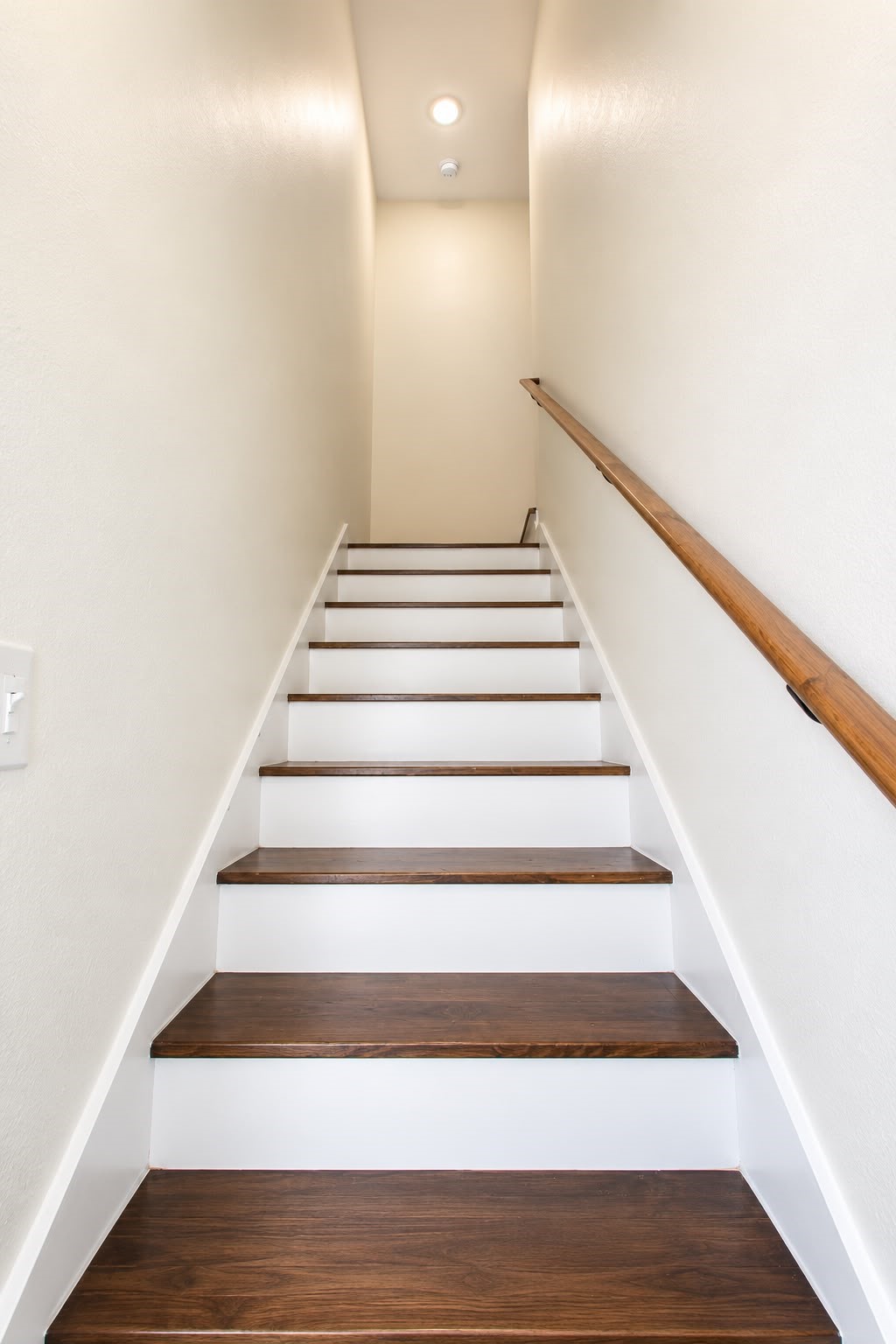 Staircase leading upstairs with a handrail.