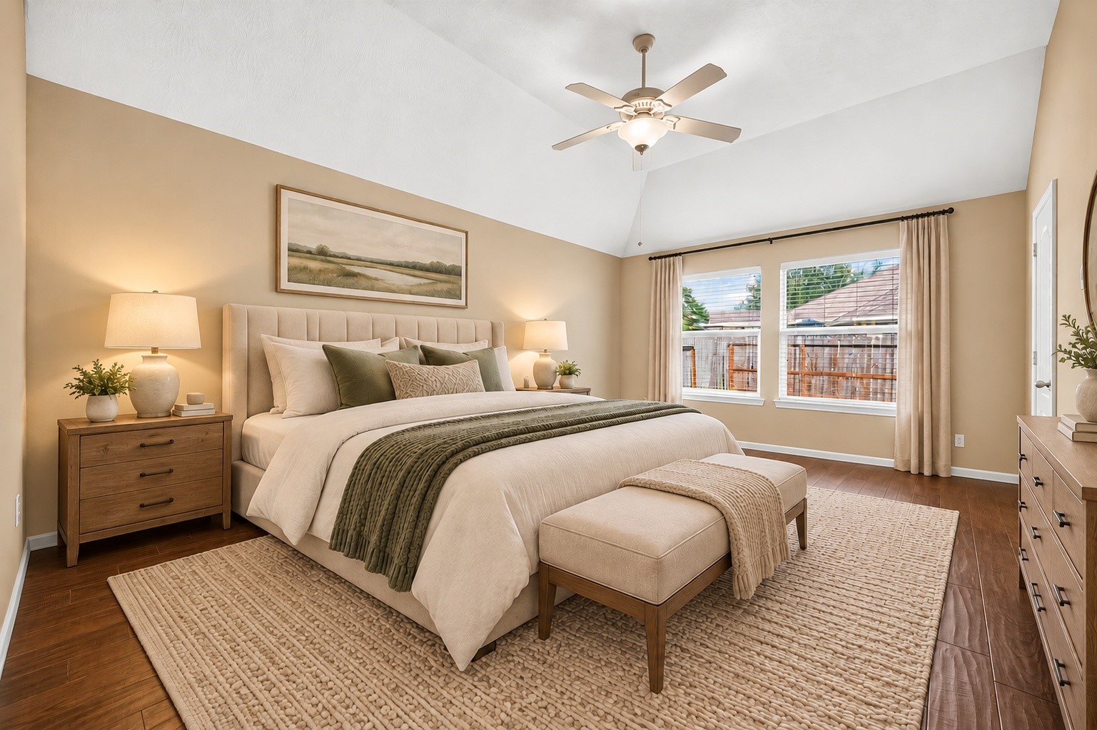 Virtually staged primary bedroom highlighting the vaulted ceiling, spacious layout, and natural light.