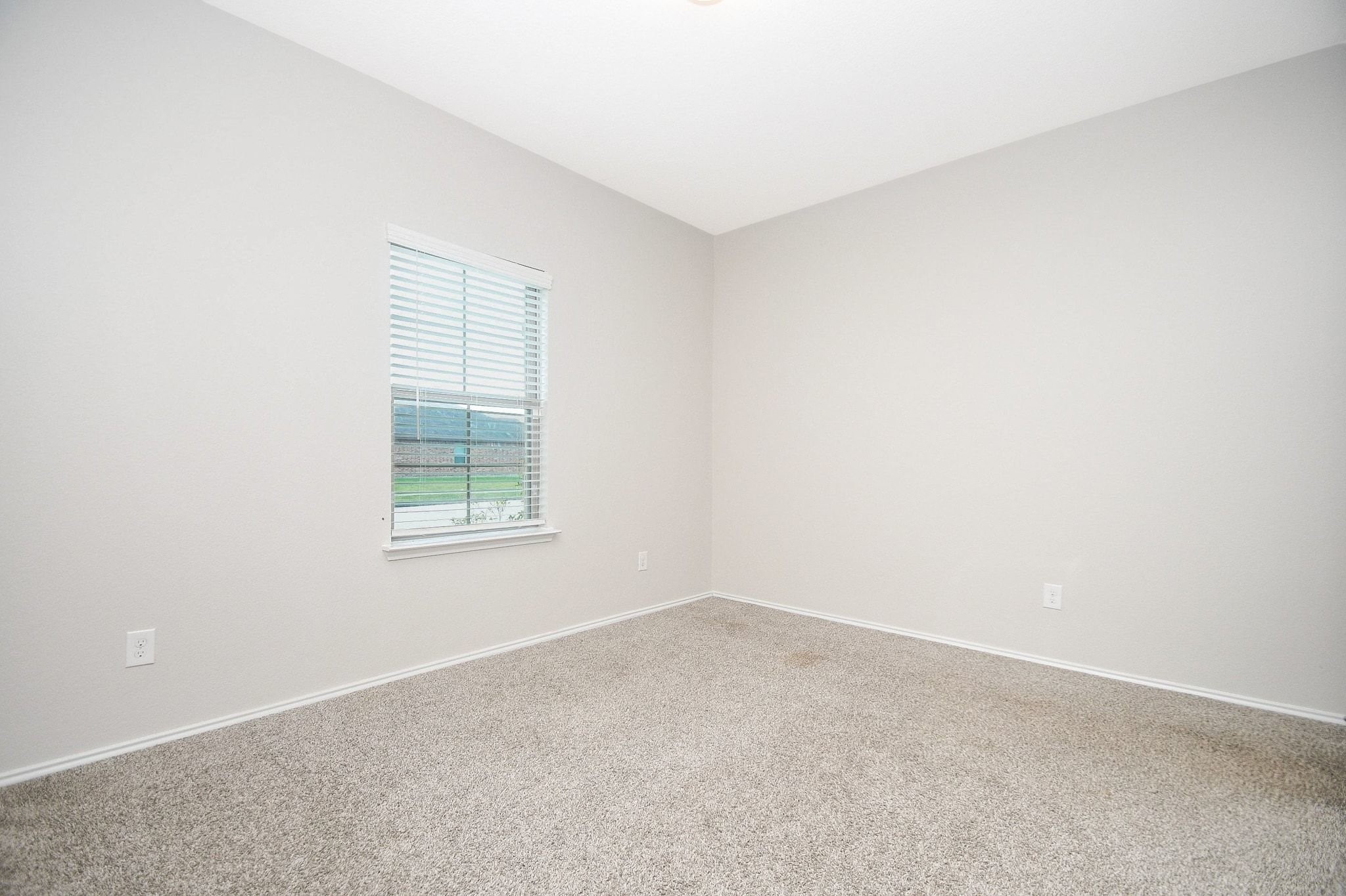 Another view of the secondary bedroom downstairs with soft carpeting and neutral walls, featuring a window that allows natural light to fill the space.