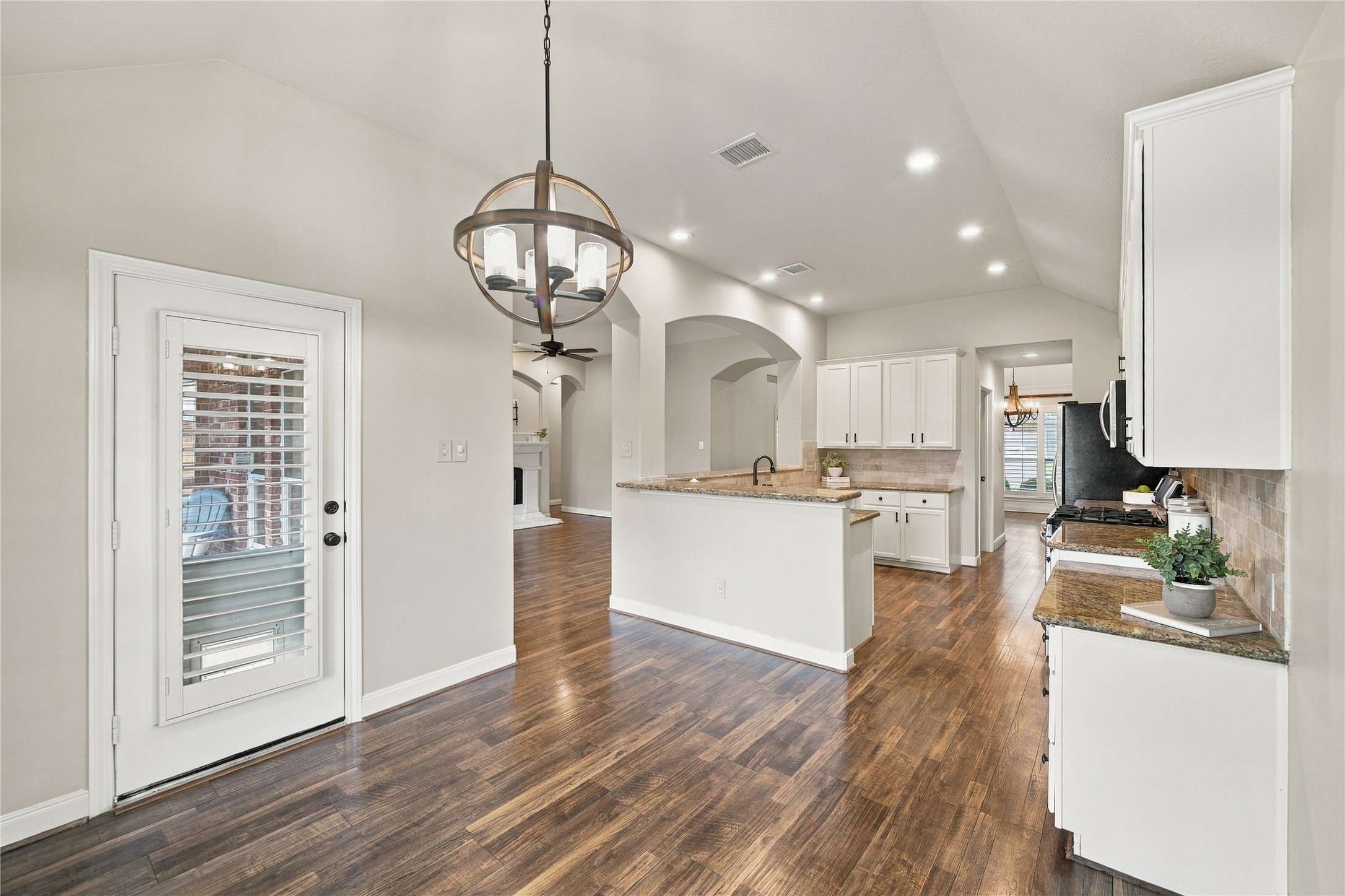 This eating area is waiting for your table and chairs.  The sunny spot is sure to be a favorite place for a leisurely meal or a quick cup of coffee.