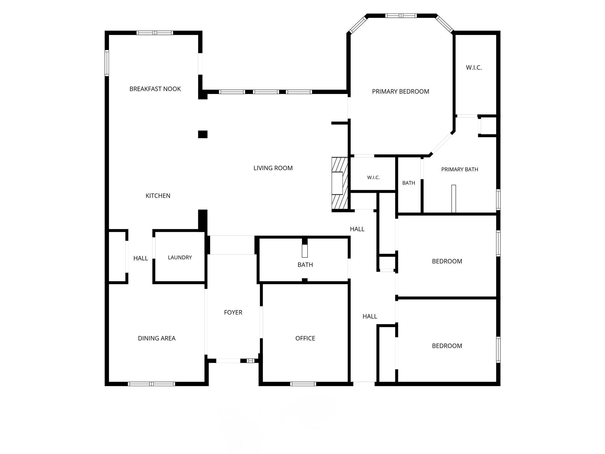 This well-designed floor plan features a home office, a spacious primary suite with TWO closets, a large living area and kitchen, a formal dining room, plus two secondary bedrooms.