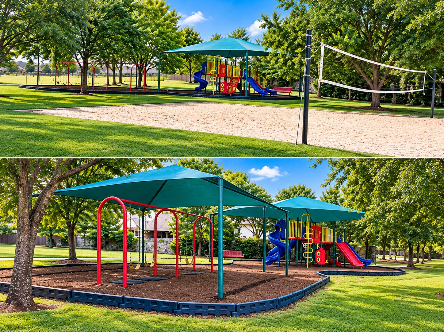 The shady neighborhood park adjacent to the community pool includes a sand volleyball court and a covered playground, plus lots of room to run and play.