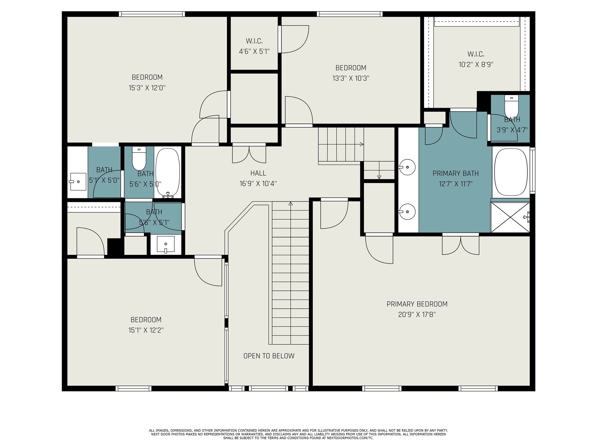 This floor plan features a spacious layout with four bedrooms, including a large primary suite with an en-suite bath and walk-in closet. There's an additional full bath, a half bath, and ample hallway space. The design includes an open area overlooking the level below, providing a sense of openness and connectivity.