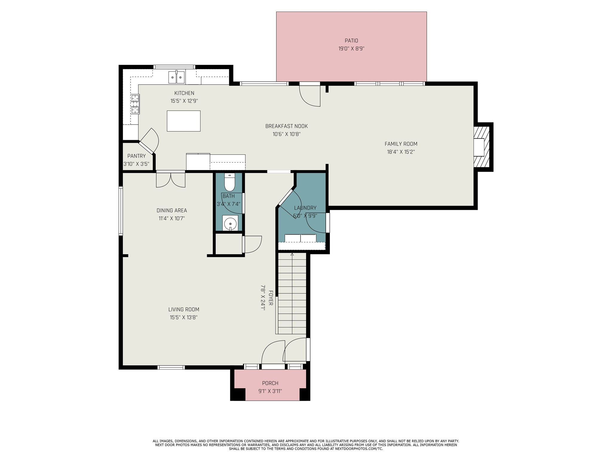 This floor plan features a spacious layout with a living room, dining area, and kitchen with a pantry. There's a breakfast nook adjacent to the family room, a bathroom, and a laundry area. The design includes a front porch and a rear patio, providing outdoor space for relaxation.
