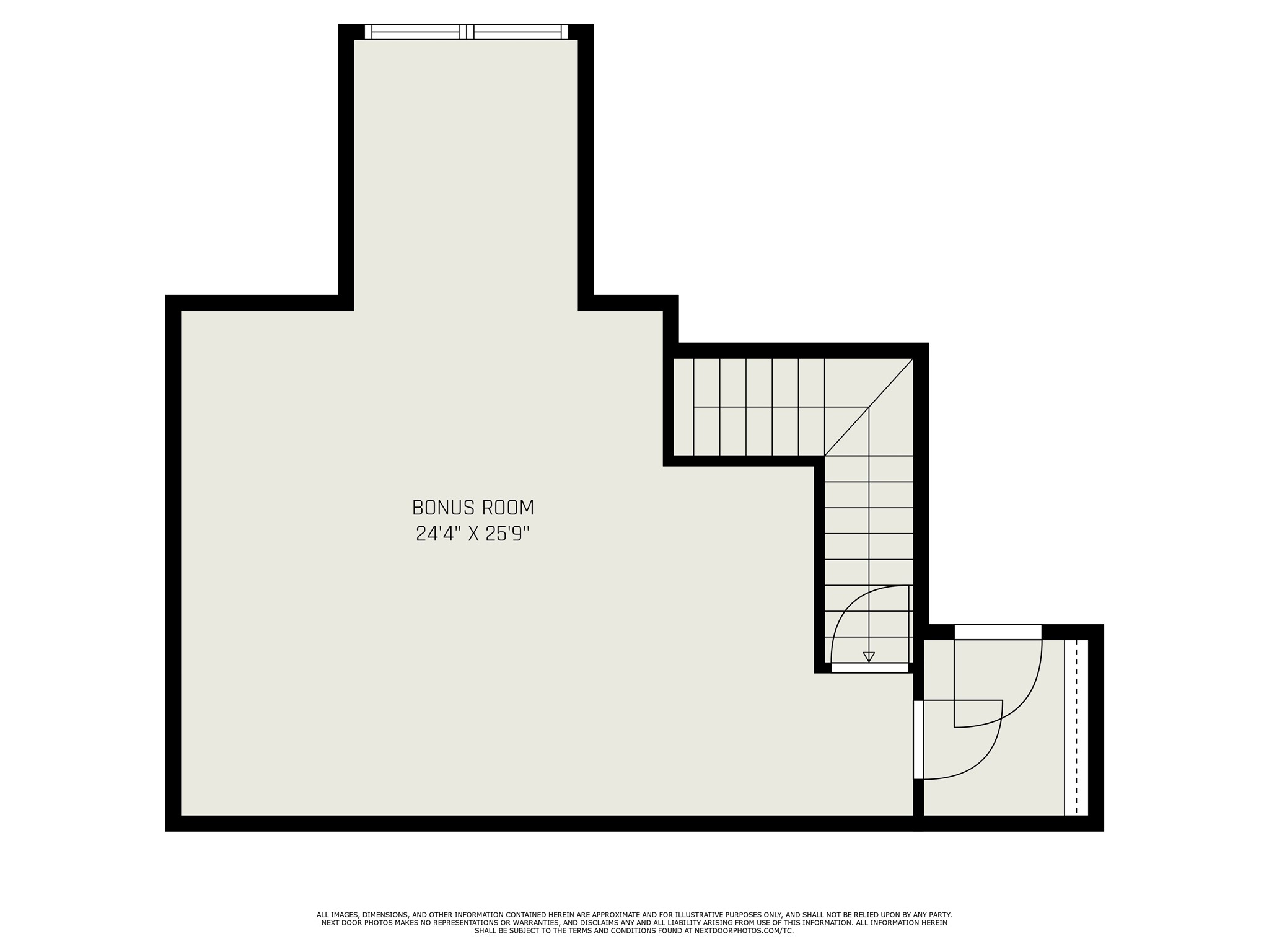 This floor plan shows a spacious bonus room measuring 24'4" by 25'9". It includes a staircase leading up to the room, offering versatile space for various uses.