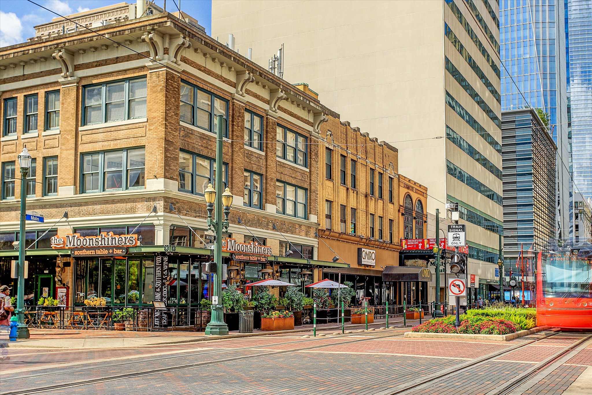 Main Street combines downtown street activity with the METRORail corridor. Public transportation adds another way to reach destinations beyond the immediate neighborhood.