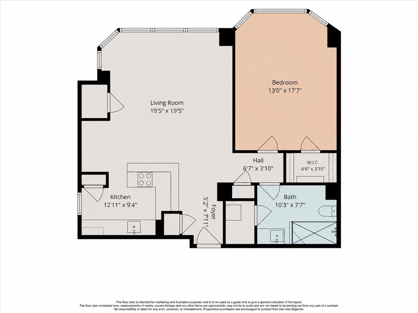 Floor plan illustrates the open kitchen and living area, separate bedroom, shower bath and walk in closet. Foyer and hall connections clarify how the private and shared spaces relate.