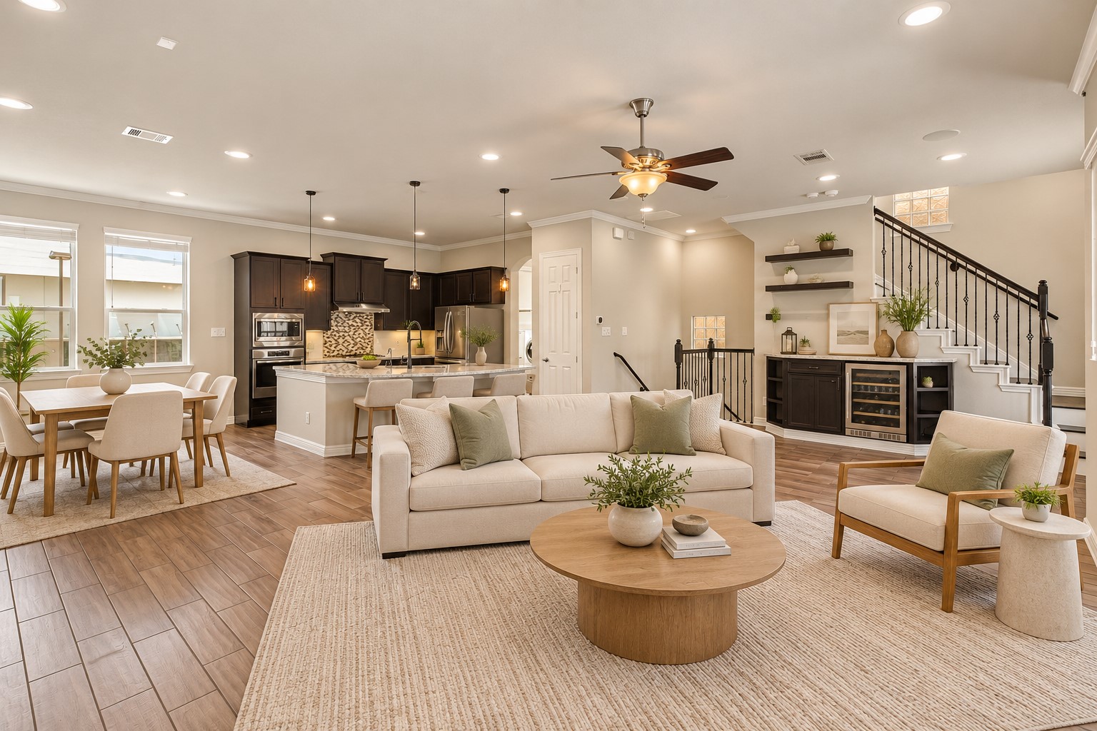 Bright and spacious second-floor living area with an open-concept layout (virtually staged)