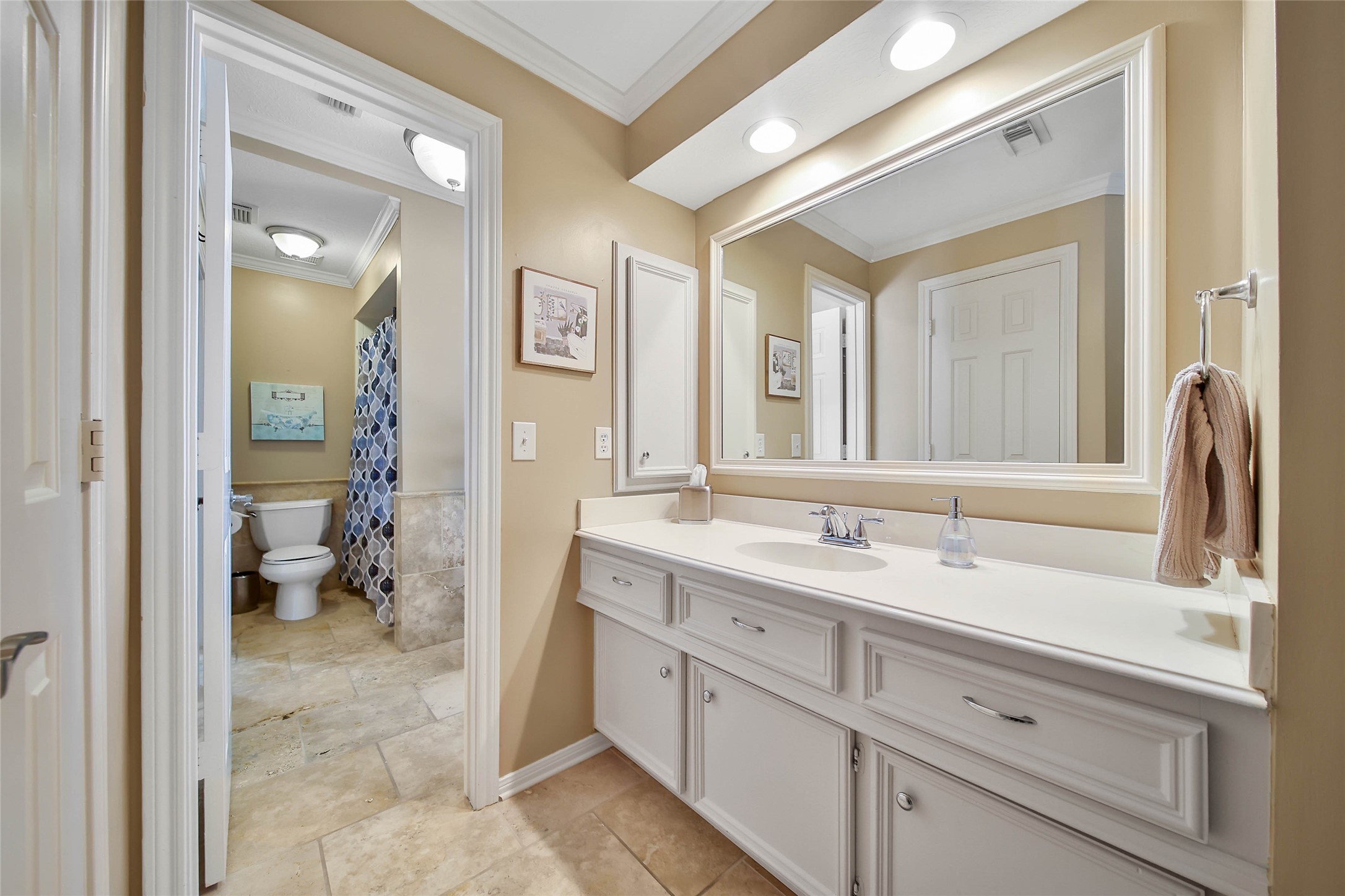 This photo showcases a bright, well-lit bathroom featuring a large vanity with ample storage, a wide mirror, and a separate toilet and shower area with tiled flooring.