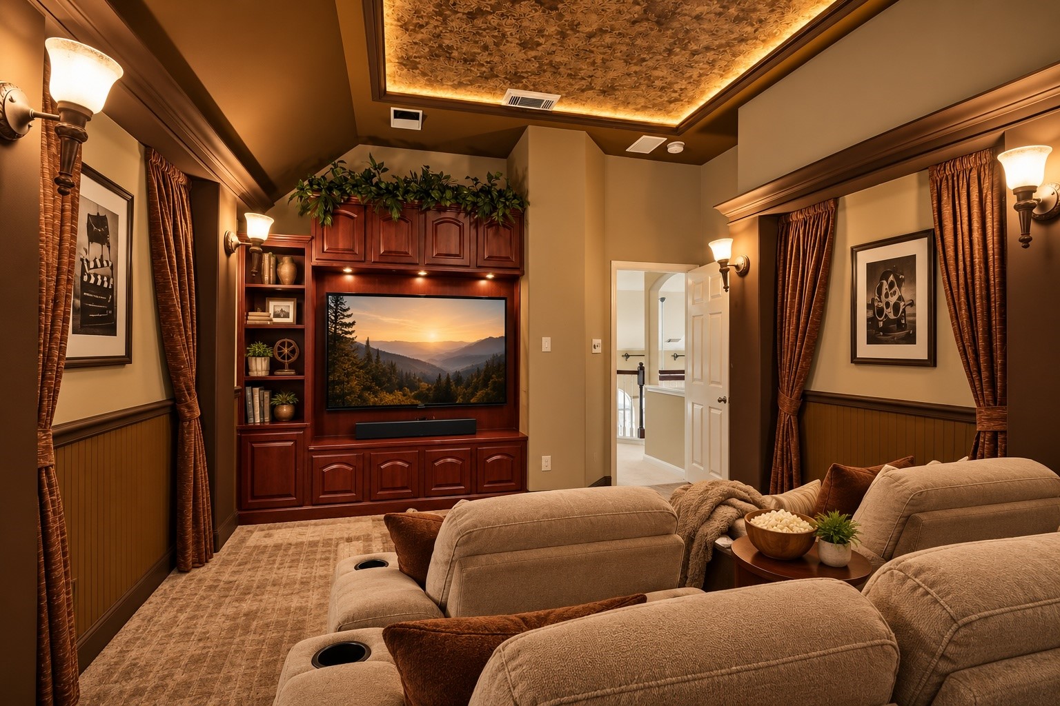 Virtually staged to showcase the ultimate private movie theater experience, featuring comfortable theater-style seating, a step-down design, and a cozy cinematic atmosphere, perfect for movie nights and entertaining family and friends!