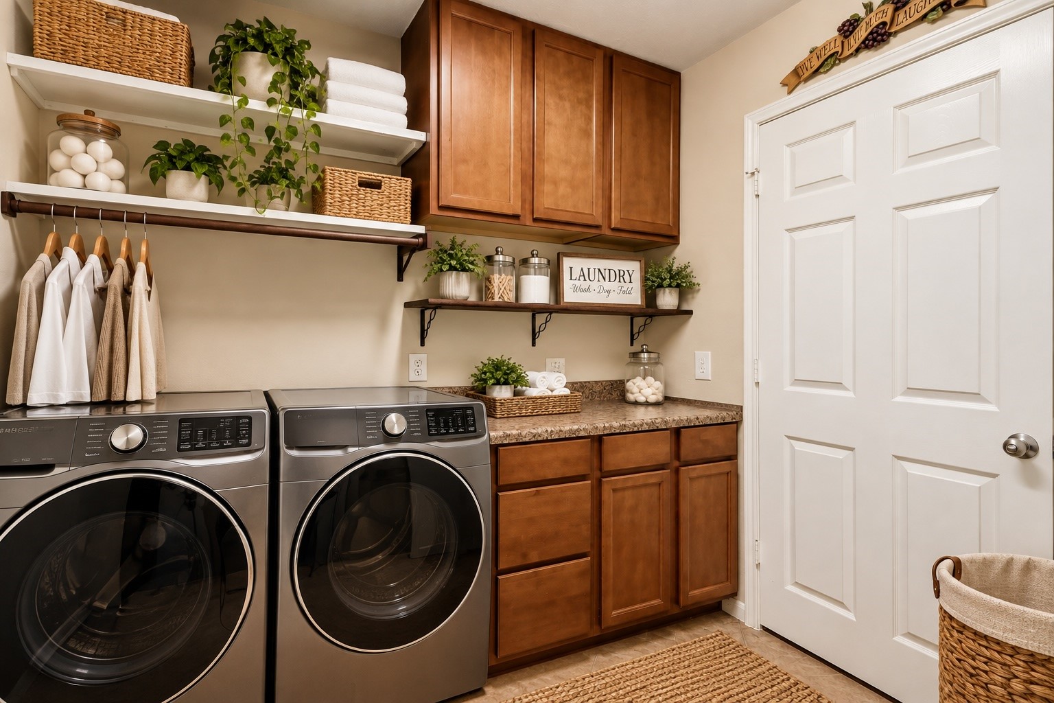 Virtually staged to showcase the functionality and charm of this conveniently located laundry room, featuring built-in cabinetry, ample storage, and an organized, inviting space for everyday convenience.