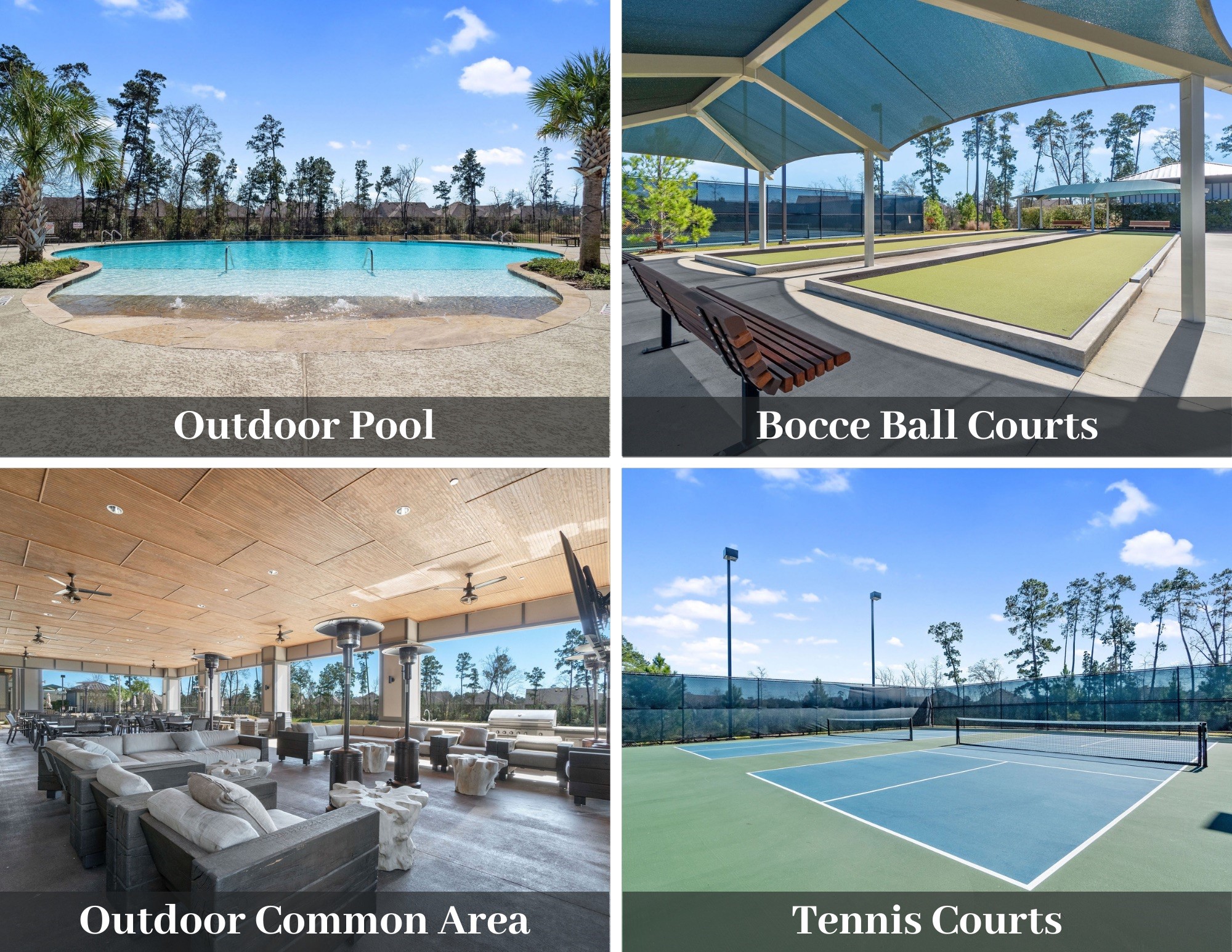 Outdoor amenities include Pickleball, Bocce Ball, common lounging areas, the outdoor pool, and more.