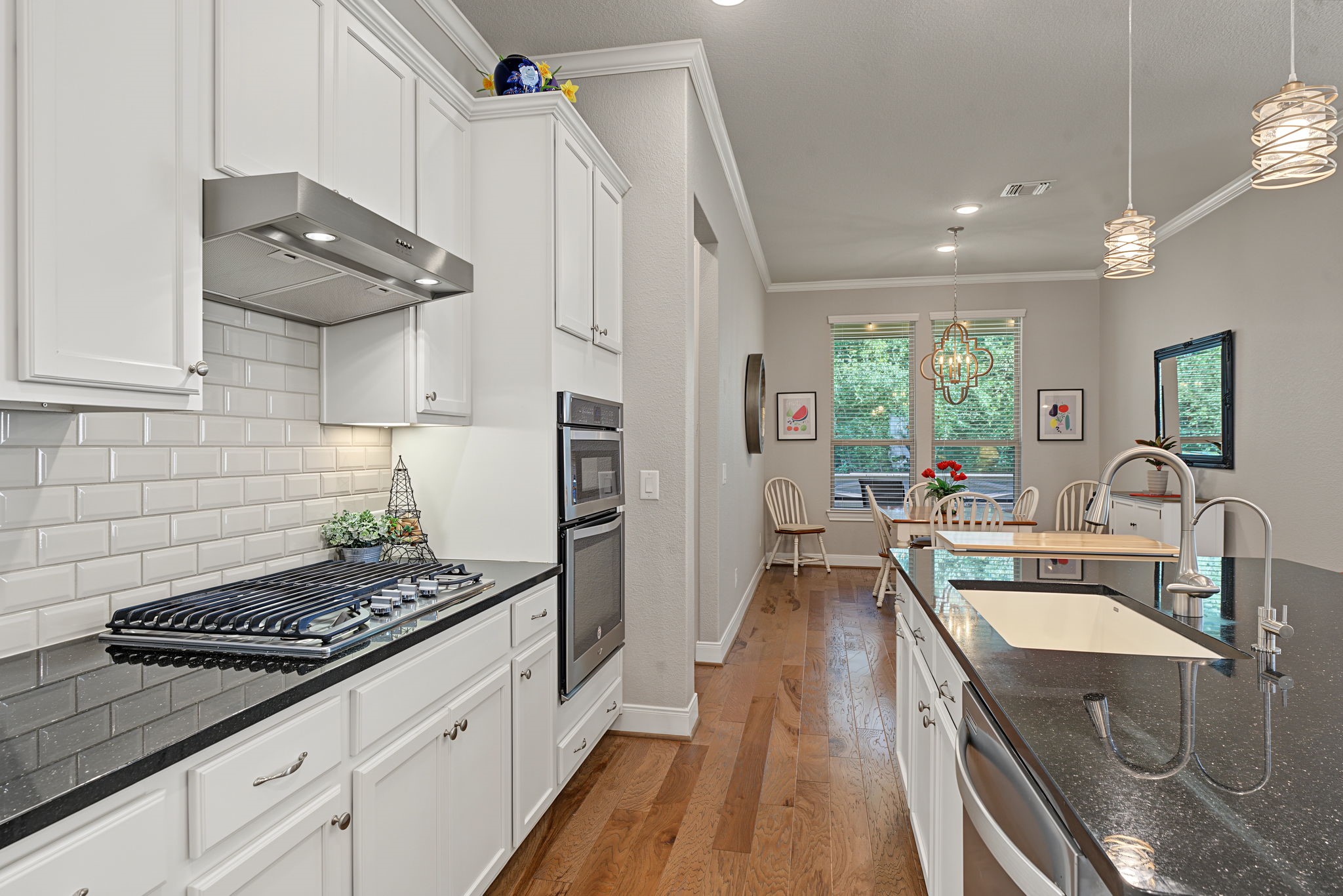 Gas Range, vent hood, and under-cabinet lighting. See next photo for roll-out drawers.