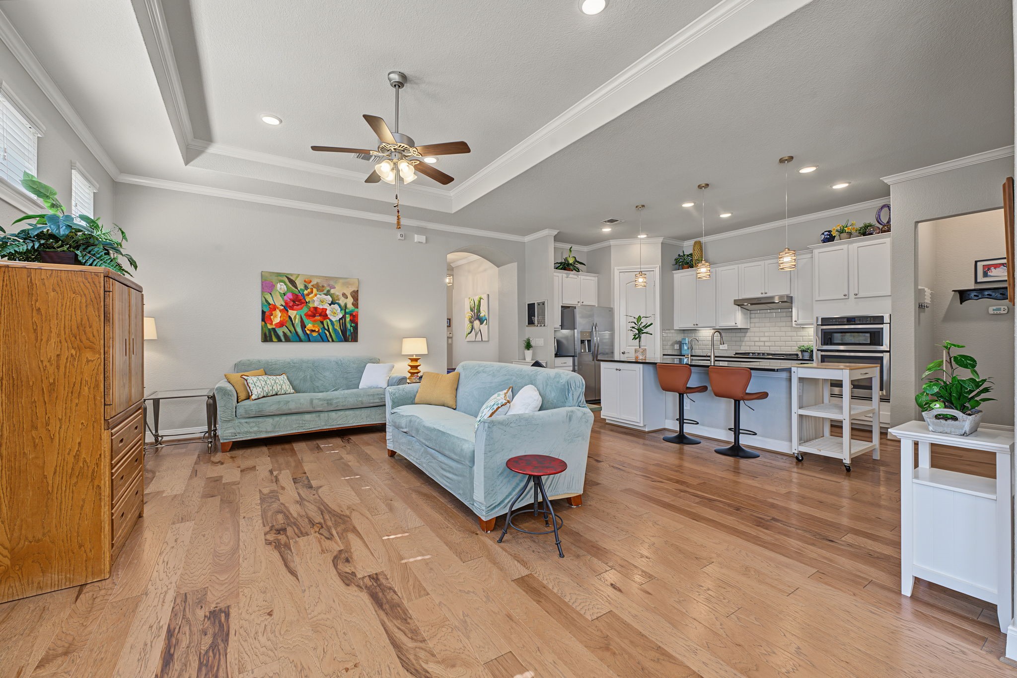 The Family Room is just off the Kitchen and is approx 19' x 13' with 11' tall ceilings in the middle.