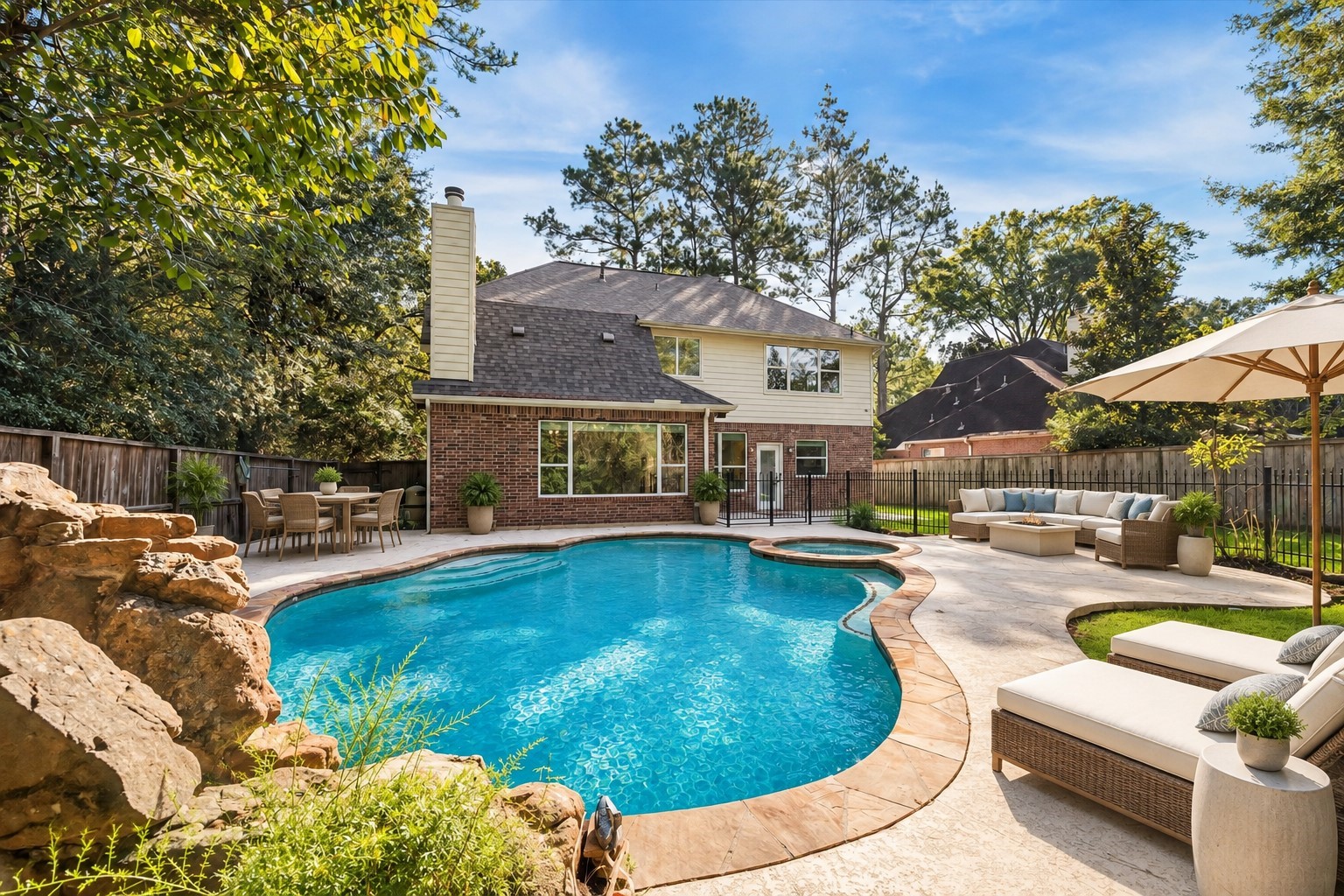 The stunning rear view of the home showcases a resort-style backyard with a sparkling pool, relaxing spa, and expansive patio space perfect for outdoor entertaining. Virtually staged with outdoor furnature.