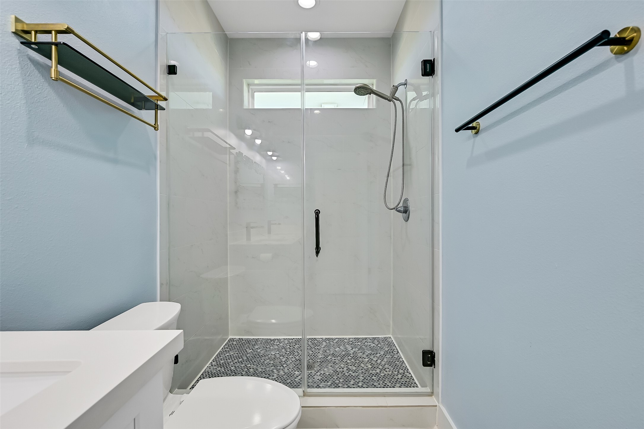 A view of the walk-in shower.