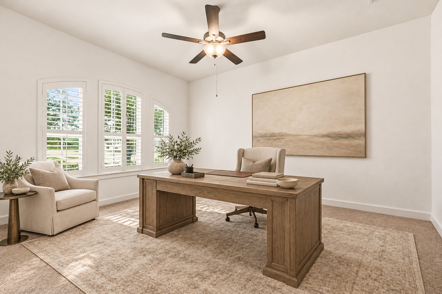 Oversized study with French doors and plantation shutters. Virtually Staged