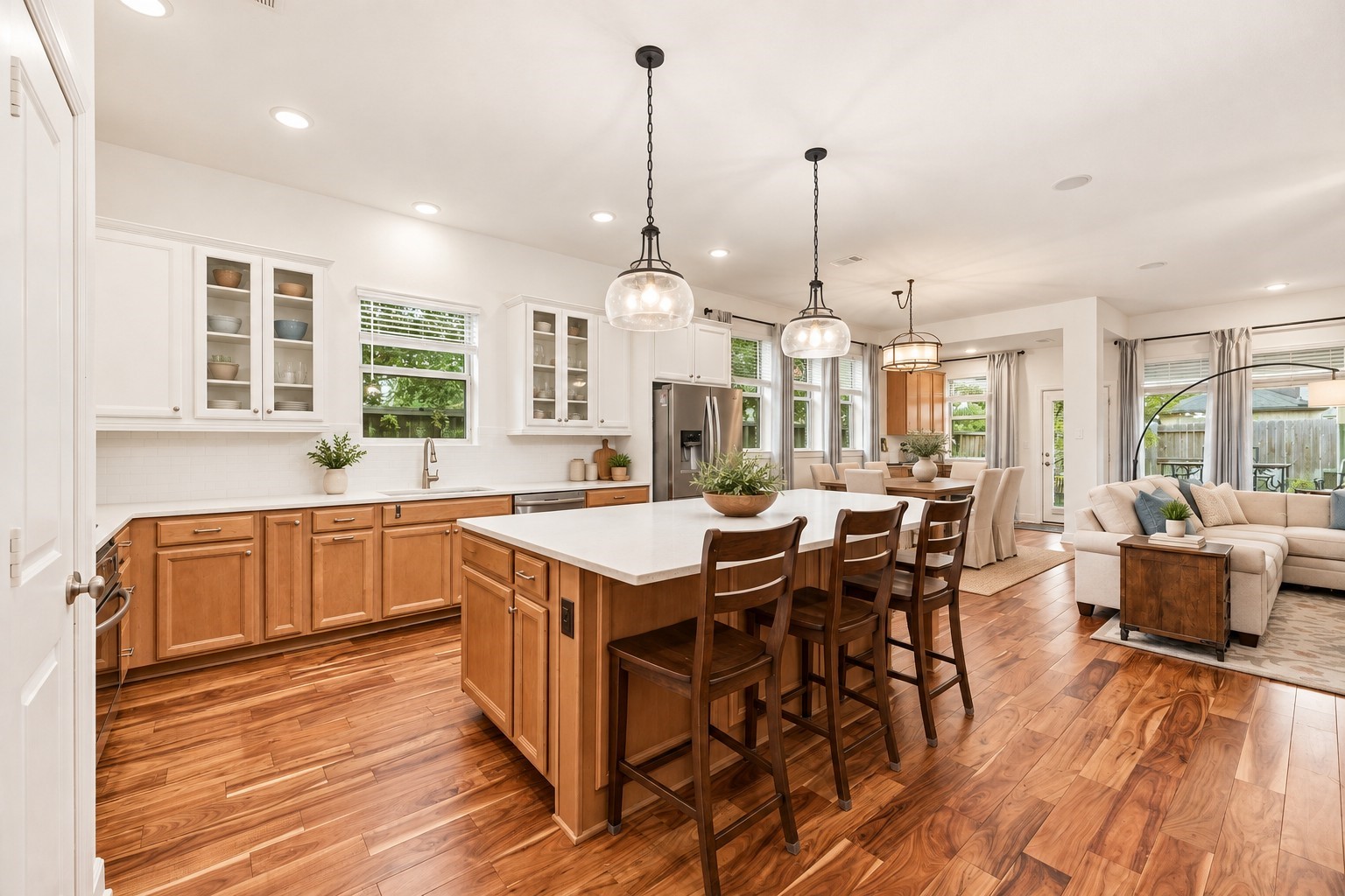 Another view of this modern kitchen with pendant lighting, and a large island with ample seating, seamlessly flowing into a cozy family room. Virtually Staged
