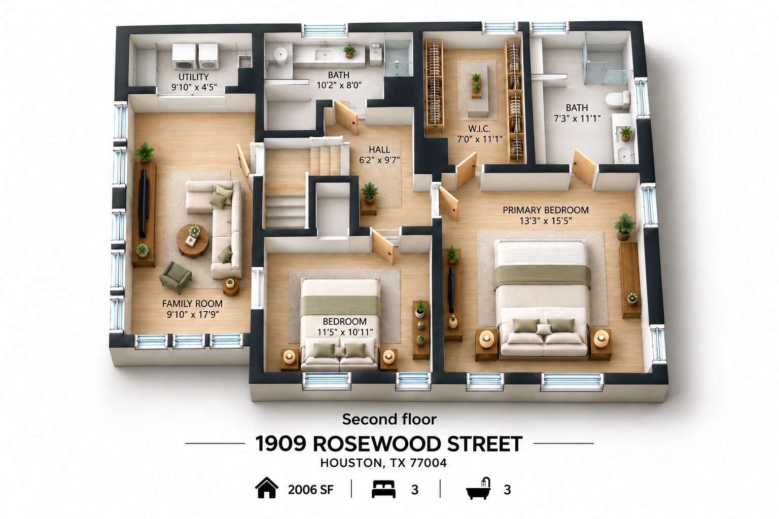 Second-floor plan includes the primary suite, secondary bedroom, family room, two full baths, walk-in closet, and dedicated utility room.