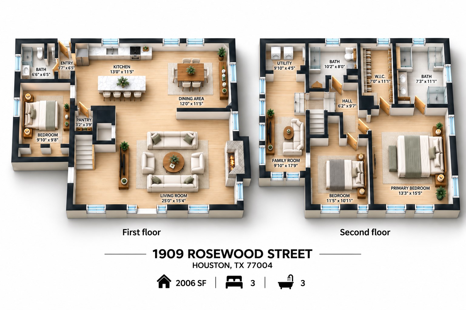 Full floor plan shows how the central staircase connects the main living spaces downstairs with the bedrooms and additional family room above.