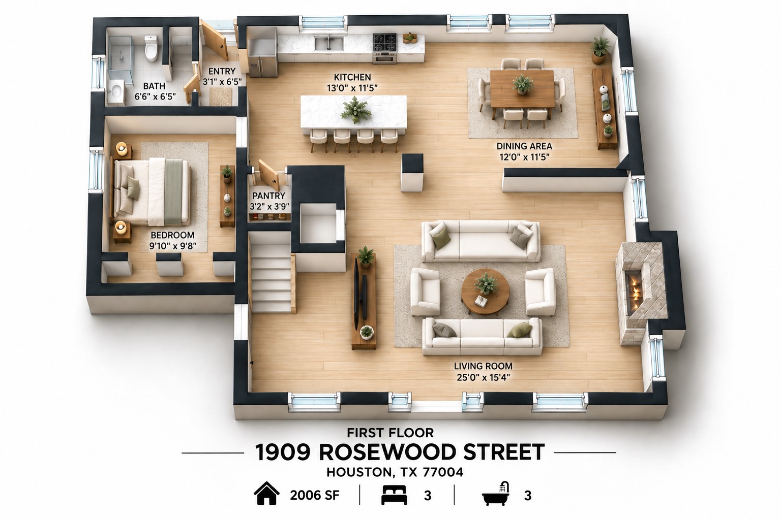 First-floor plan highlights the large living room, open kitchen and dining area, downstairs bedroom, full bath, pantry, and central staircase.