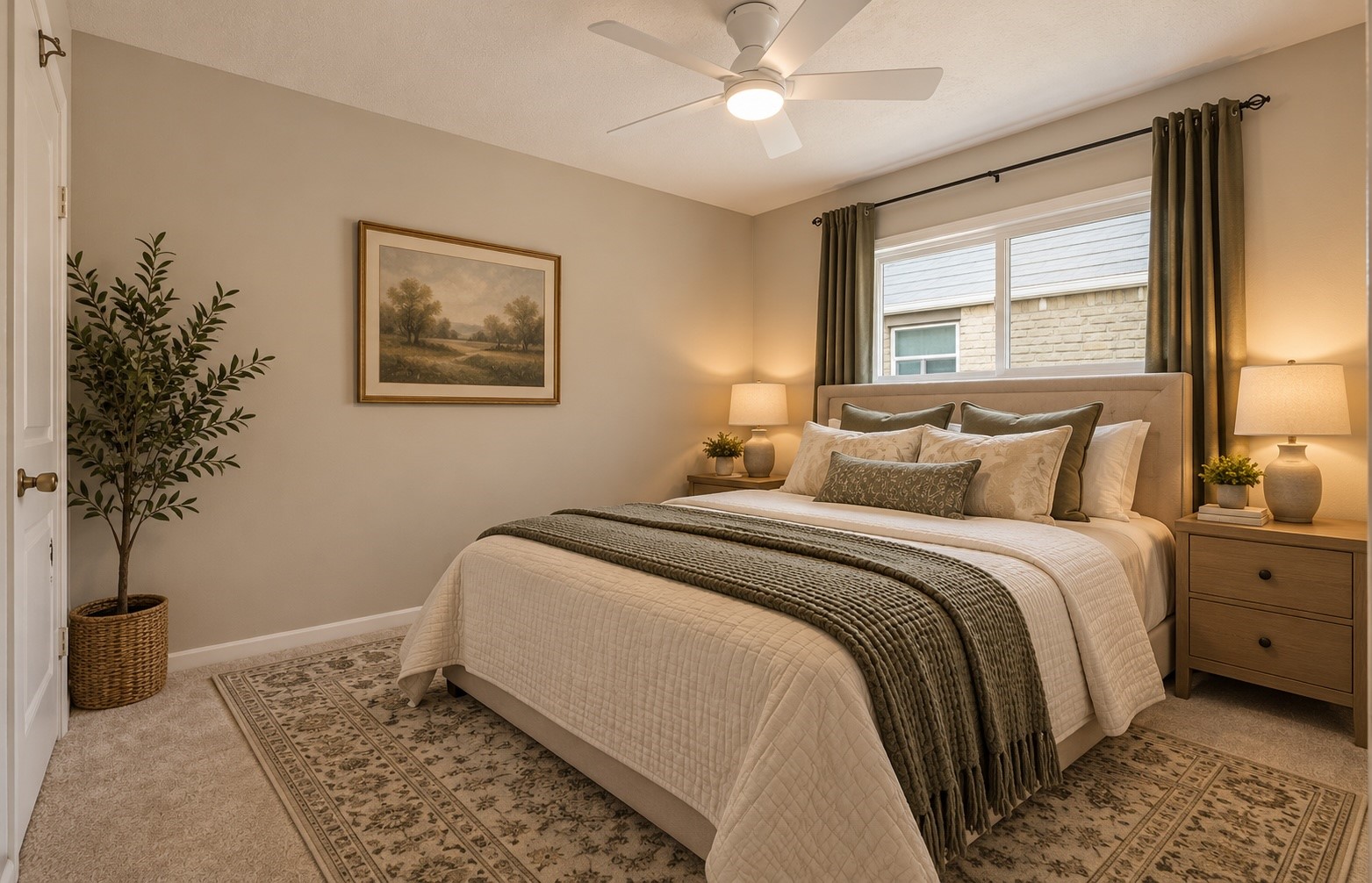 (Virtually staged photo of a queen bed) Spacious primary suite that also features a walk-in closet