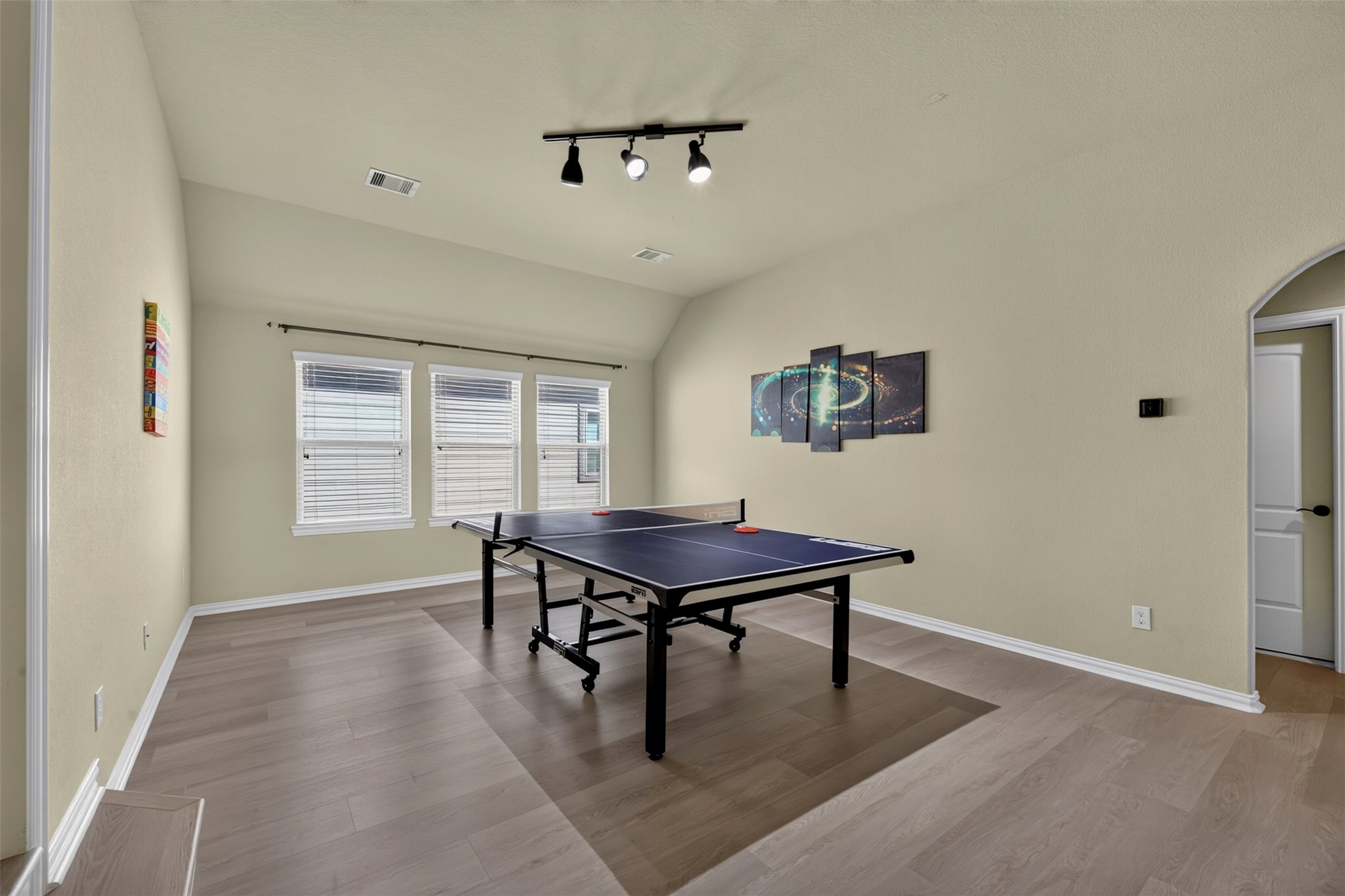 Track lighting adds a modern touch while providing ample illumination for everything from game nights to casual gatherings.