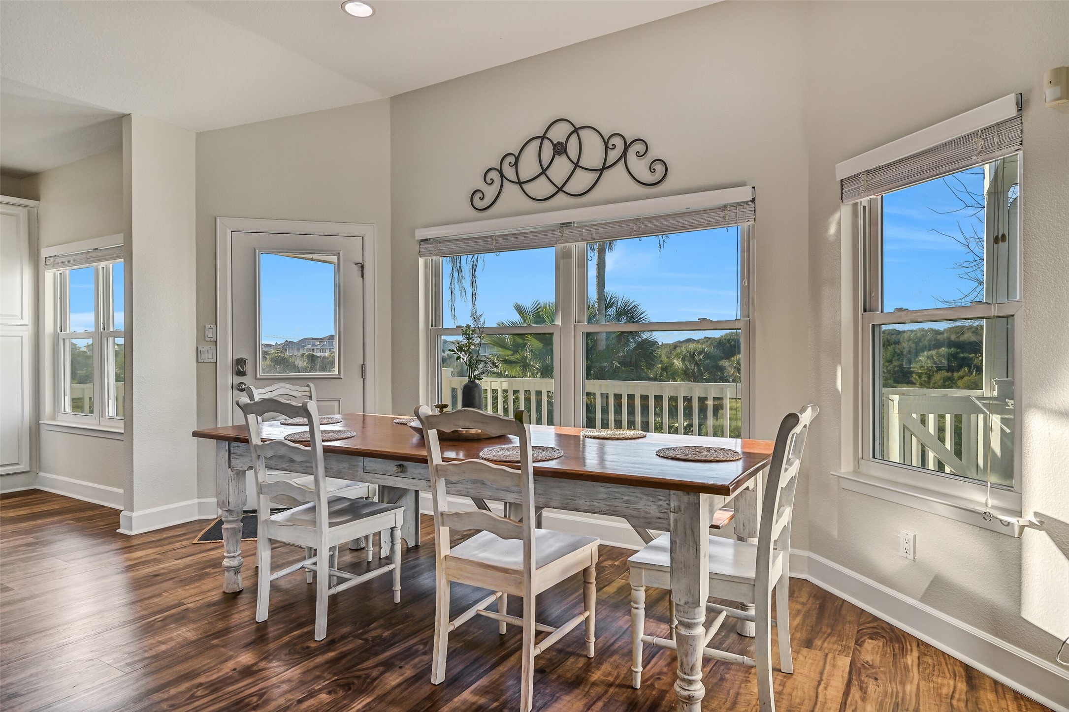 Situated next to a wall of windows, this dining room comfortably accommodates seating for 68 guests.