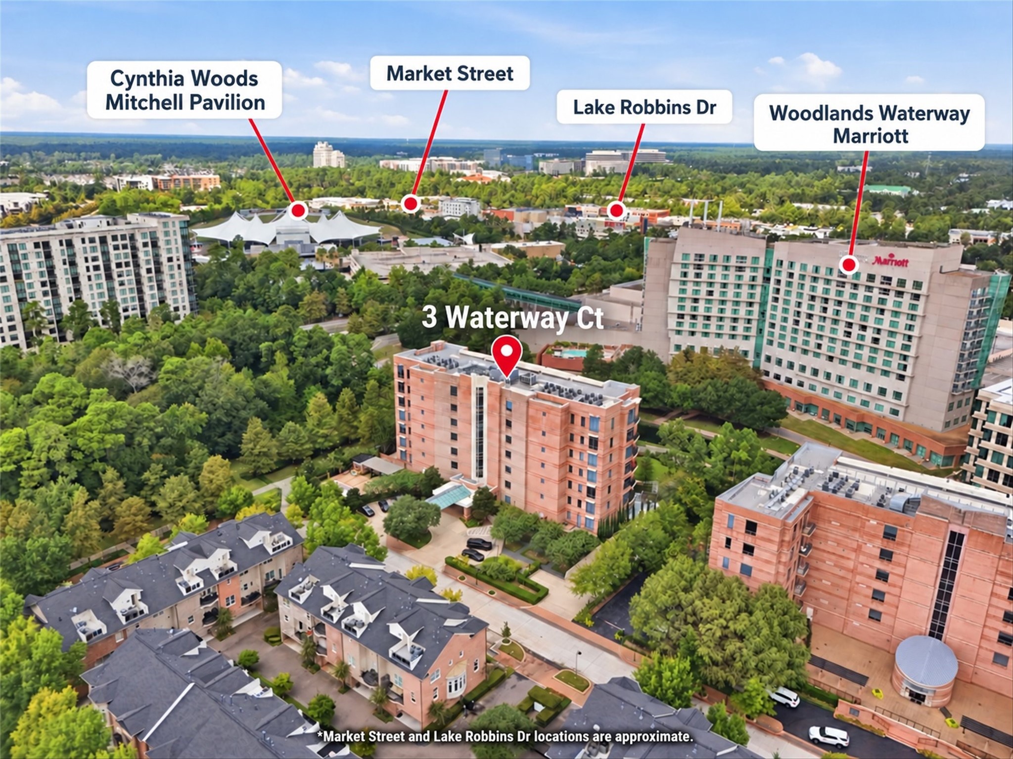 Prime Waterway location near Market Street, Cynthia Woods Mitchell Pavilion, dining, shopping, and entertainment.
