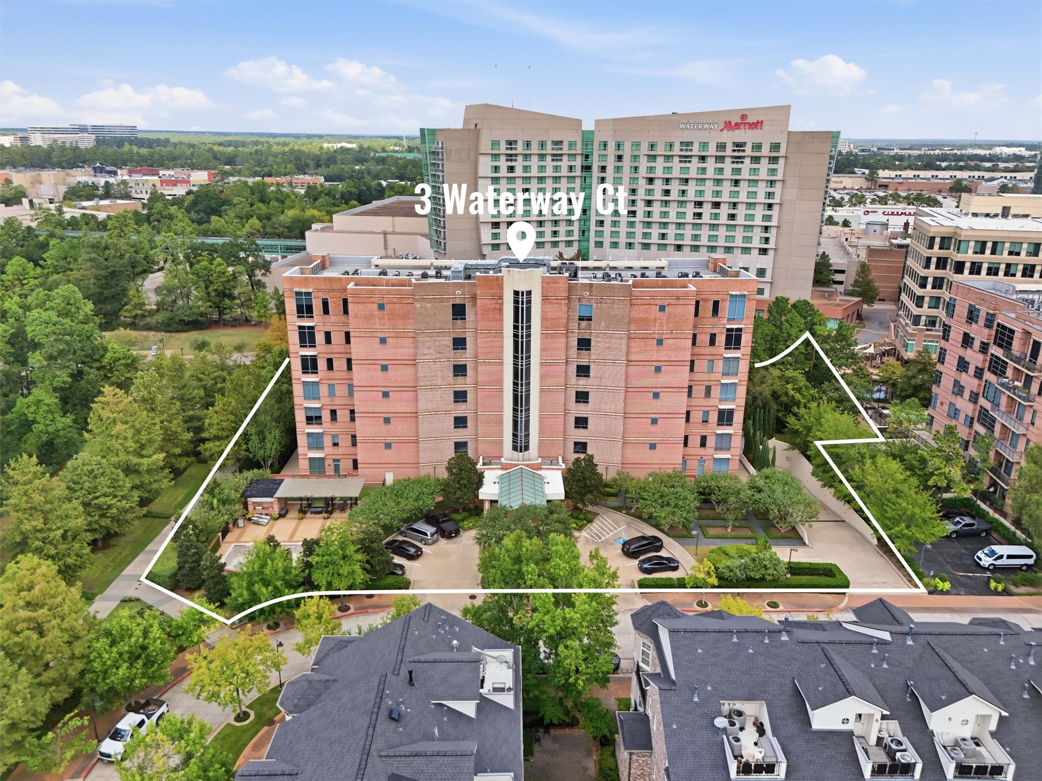An elevated view of the condominium's prime location in the heart of The Woodlands Waterway district.